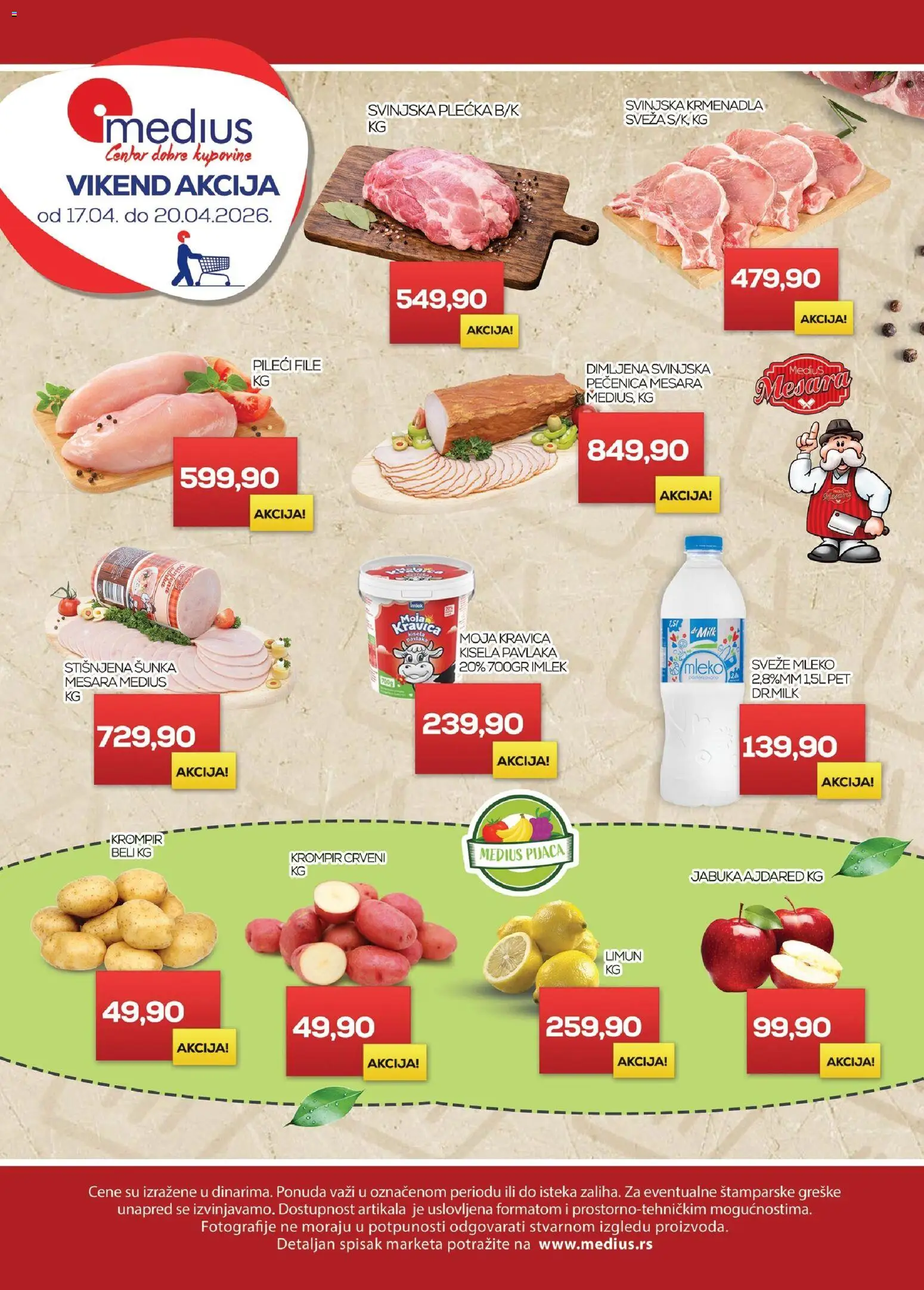 Medius katalog - važi od 17.04.2026 | Strana: 1 | Proizvode: Pileći file, Mleko, Svinjska plećka, Pečenica