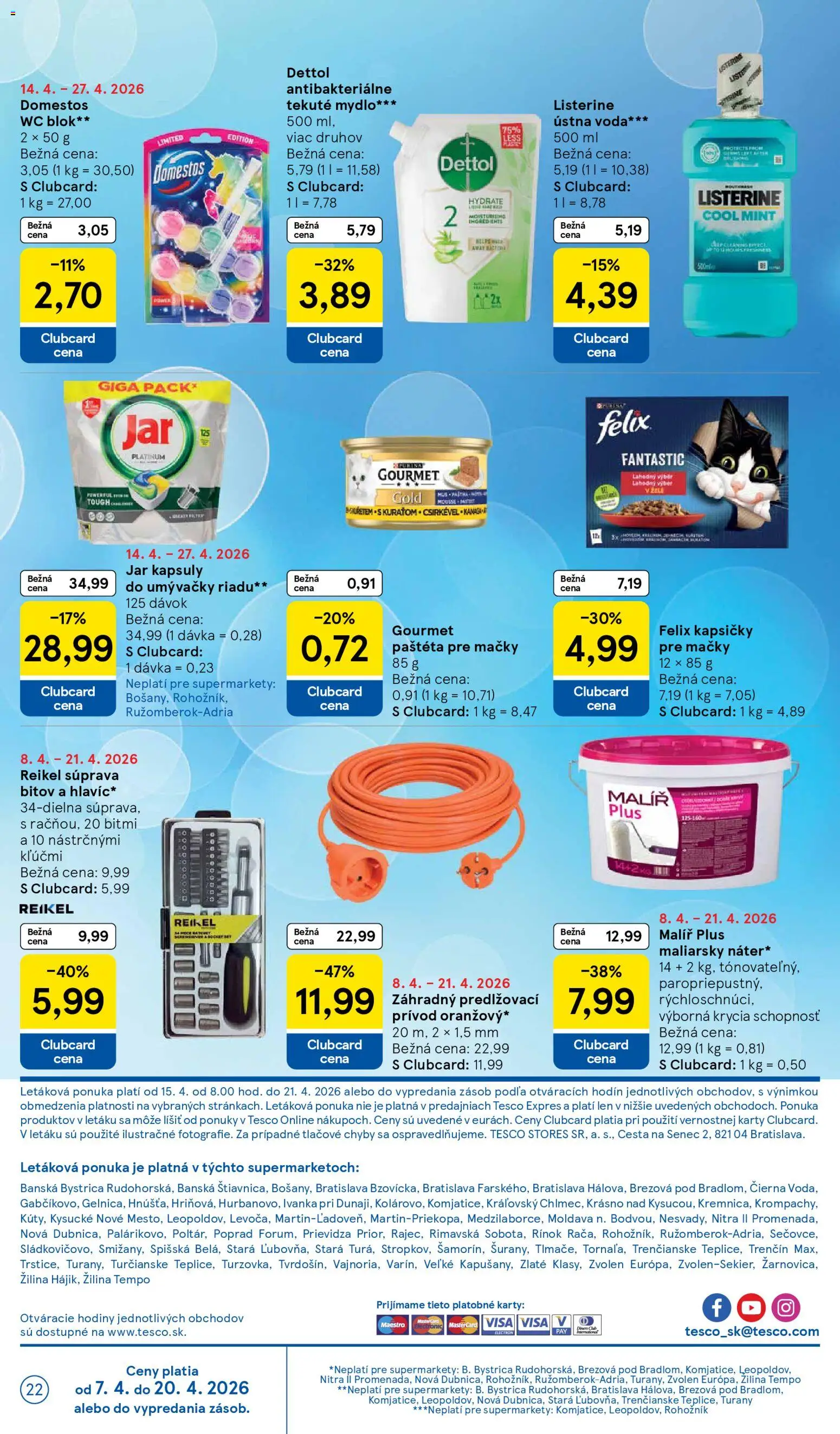 Nové Tesco akcie – leták je platný od 15.04.2026 | Strana: 22 | Produkty: Hodiny, Mydlo, Dettol, Pec