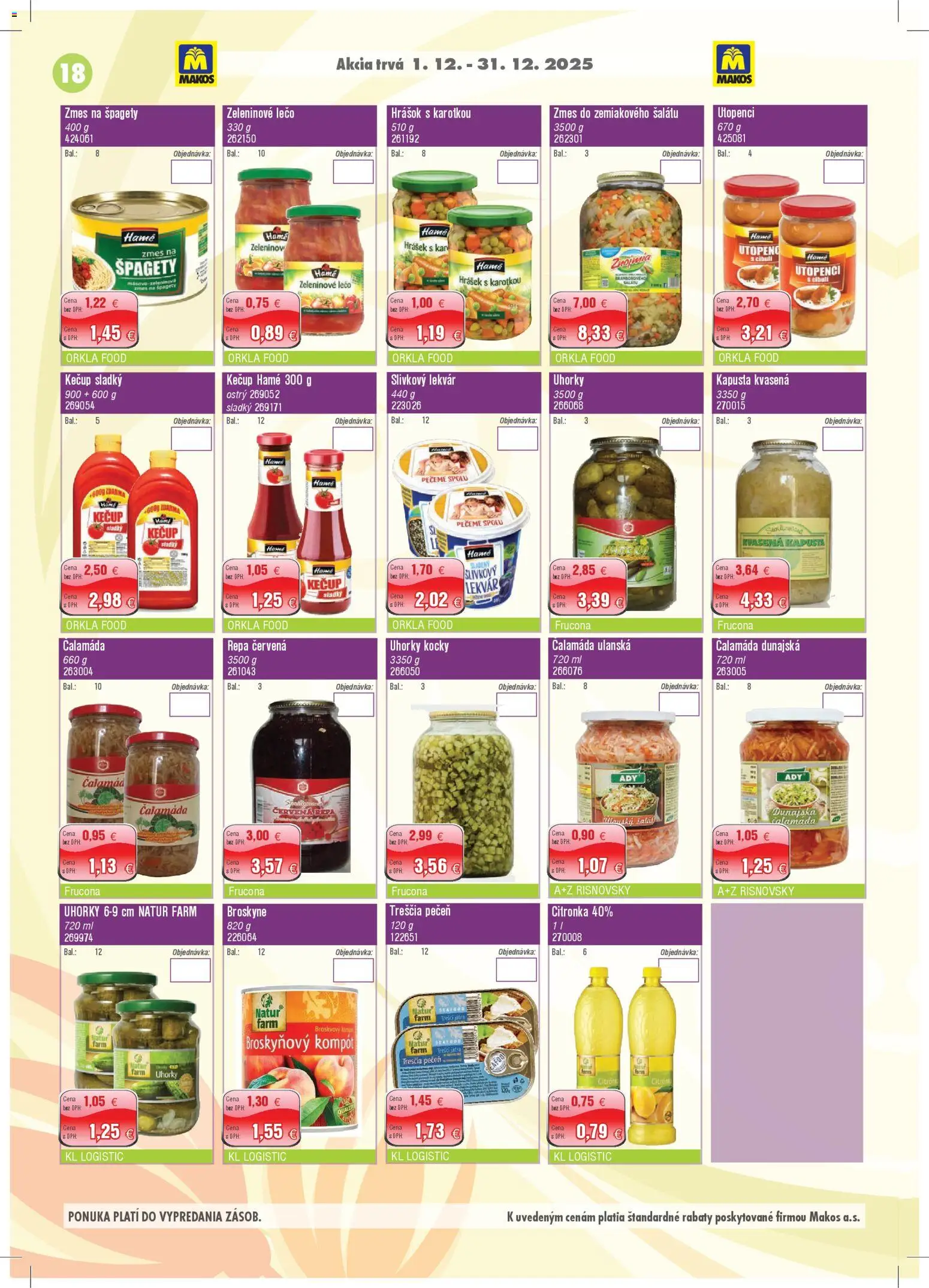 Nové Makos akcie – leták je platný od 01.12.2025 | Strana: 18 | Produkty: Hrášok, Kečup, Uhorky, Špagety