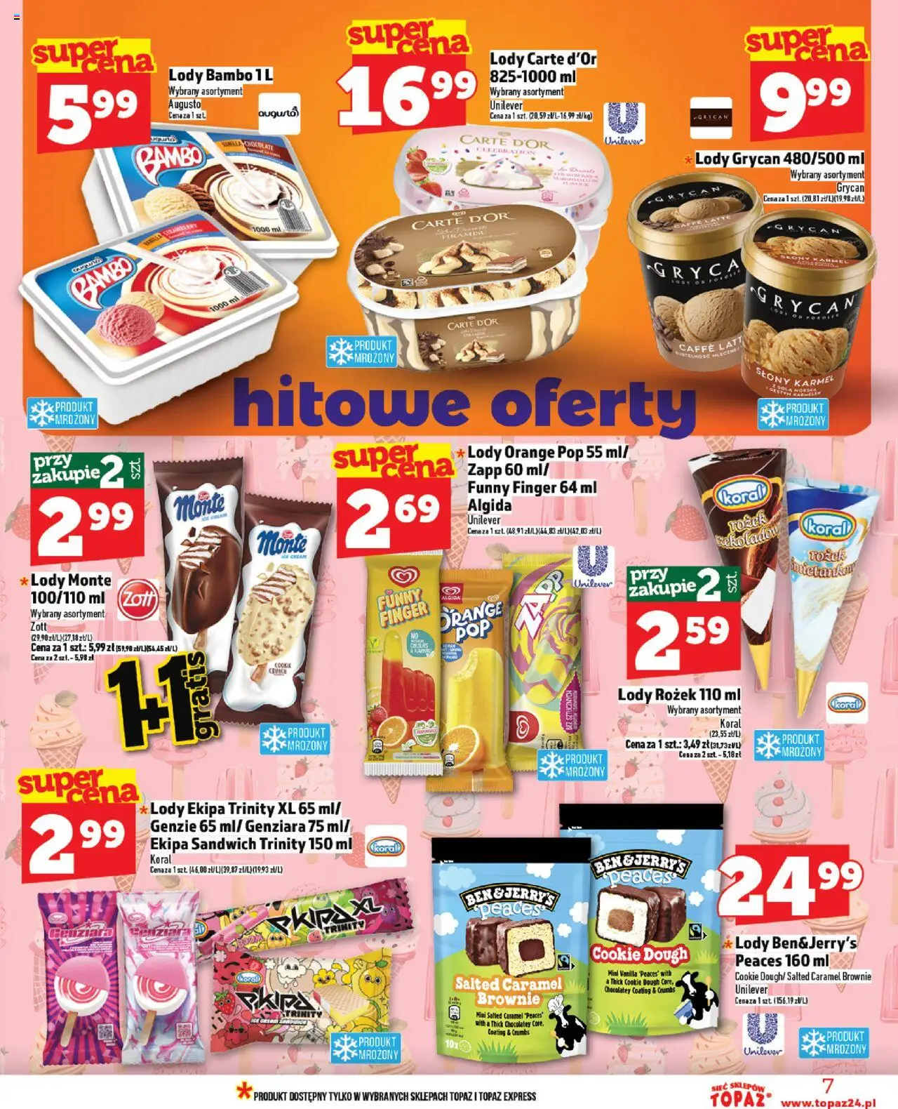 Topaz Gazetka od 07.08.2025 | Strona: 7 | Produkty: Lody bambo, Lody Grycan, Sandwich, Brownie
