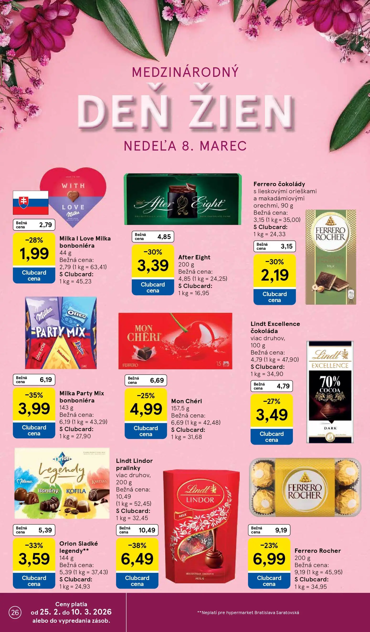Nové Tesco akcie – leták je platný od 25.02.2026 | Strana: 26 | Produkty: Banány, Lindor, Mon Chéri, Čokoláda
