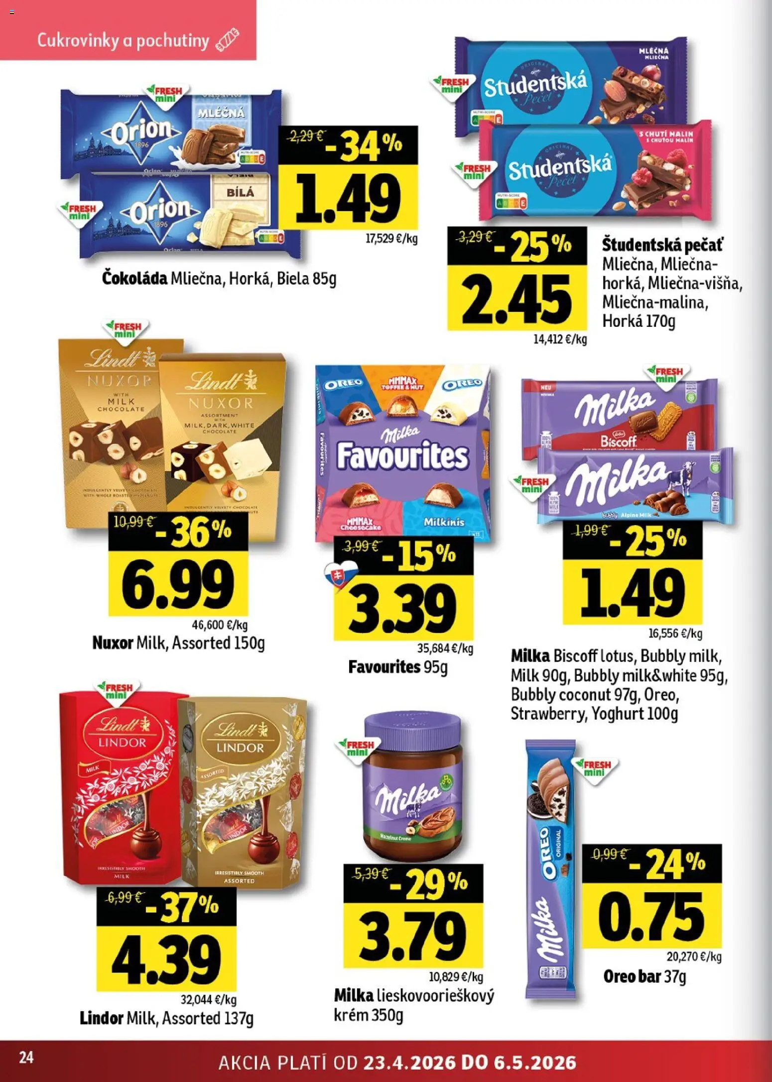 Nové Fresh akcie – leták je platný od 23.04.2026 | Strana: 24 | Produkty: Lindt, Čokoláda, Študentská pečať, Krém