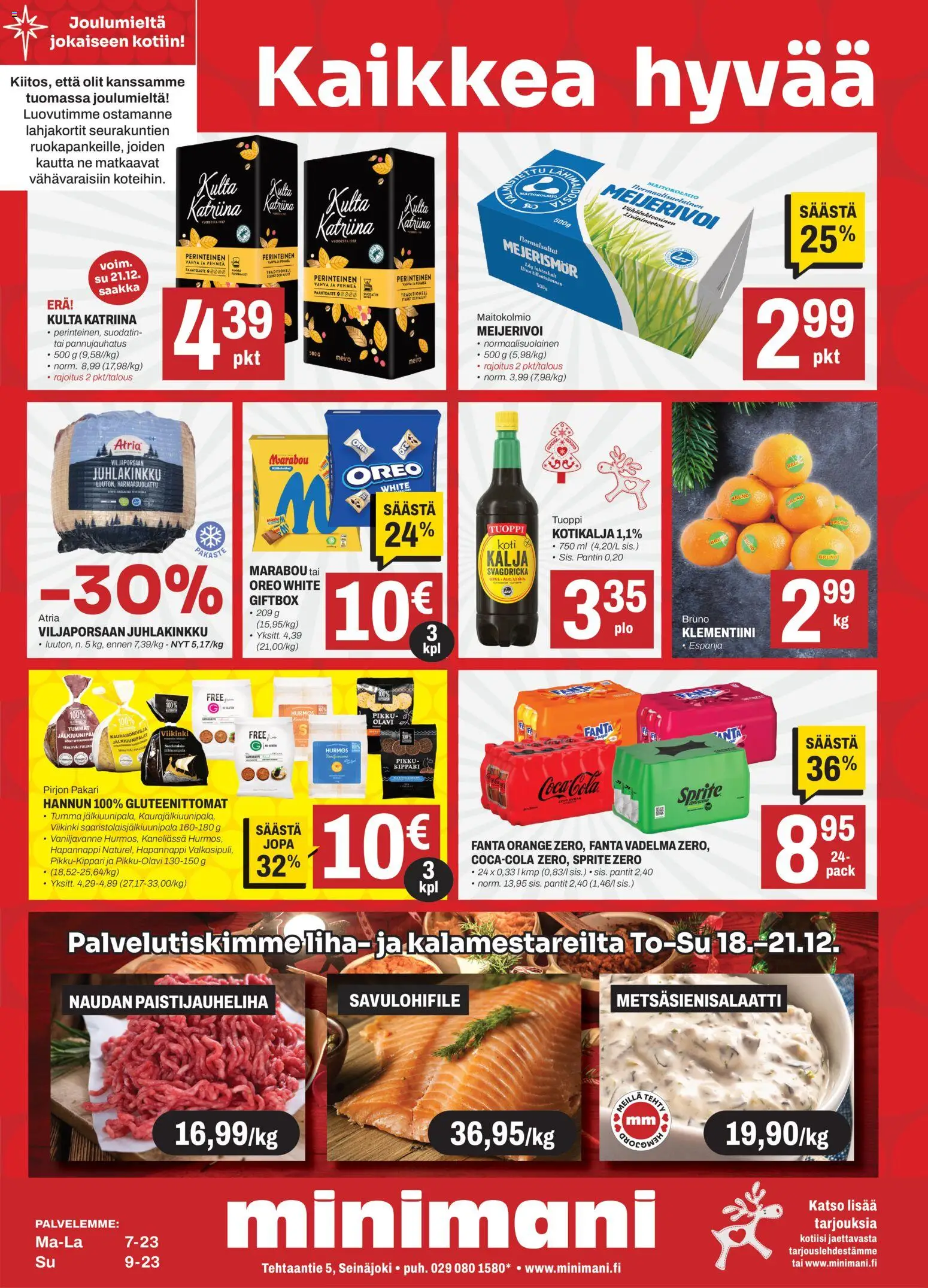 Minimani Tarjoukset - Seinäjoki – voimassa 17.12.2025 alkaen | Sivu: 1 | Tuotteet: Vadelma, Klementiini, Fanta, Huopa