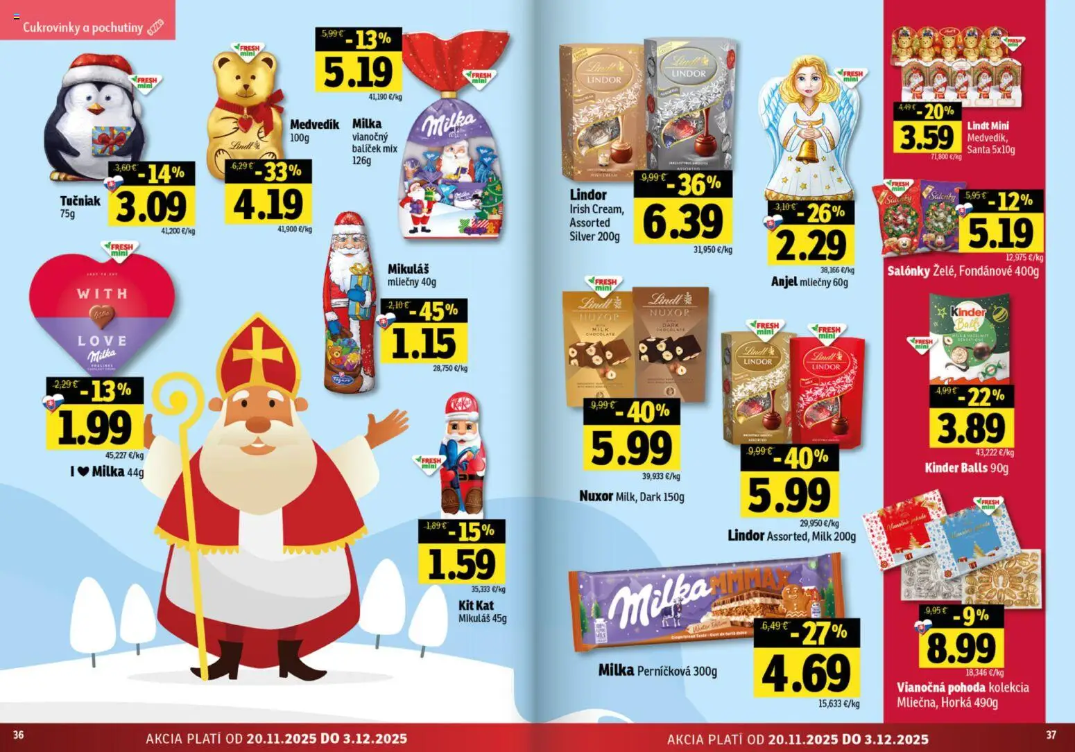 Nové Fresh akcie – leták je platný od 20.11.2025 | Strana: 19 | Produkty: Lindor, Lindt, Kinder, Milka