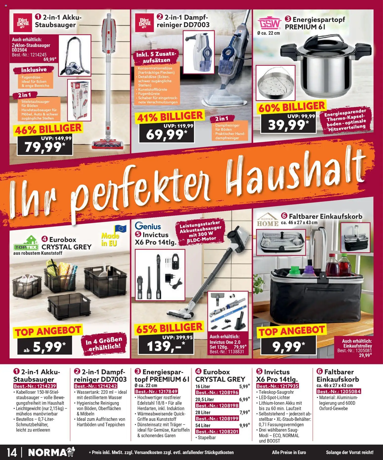 Norma Bestellmagazin Januar 2026 – gültig ab 01.01.2026 | Seite: 14 | Produkte: Top, Staubsauger, Kartoffeln, Wasser