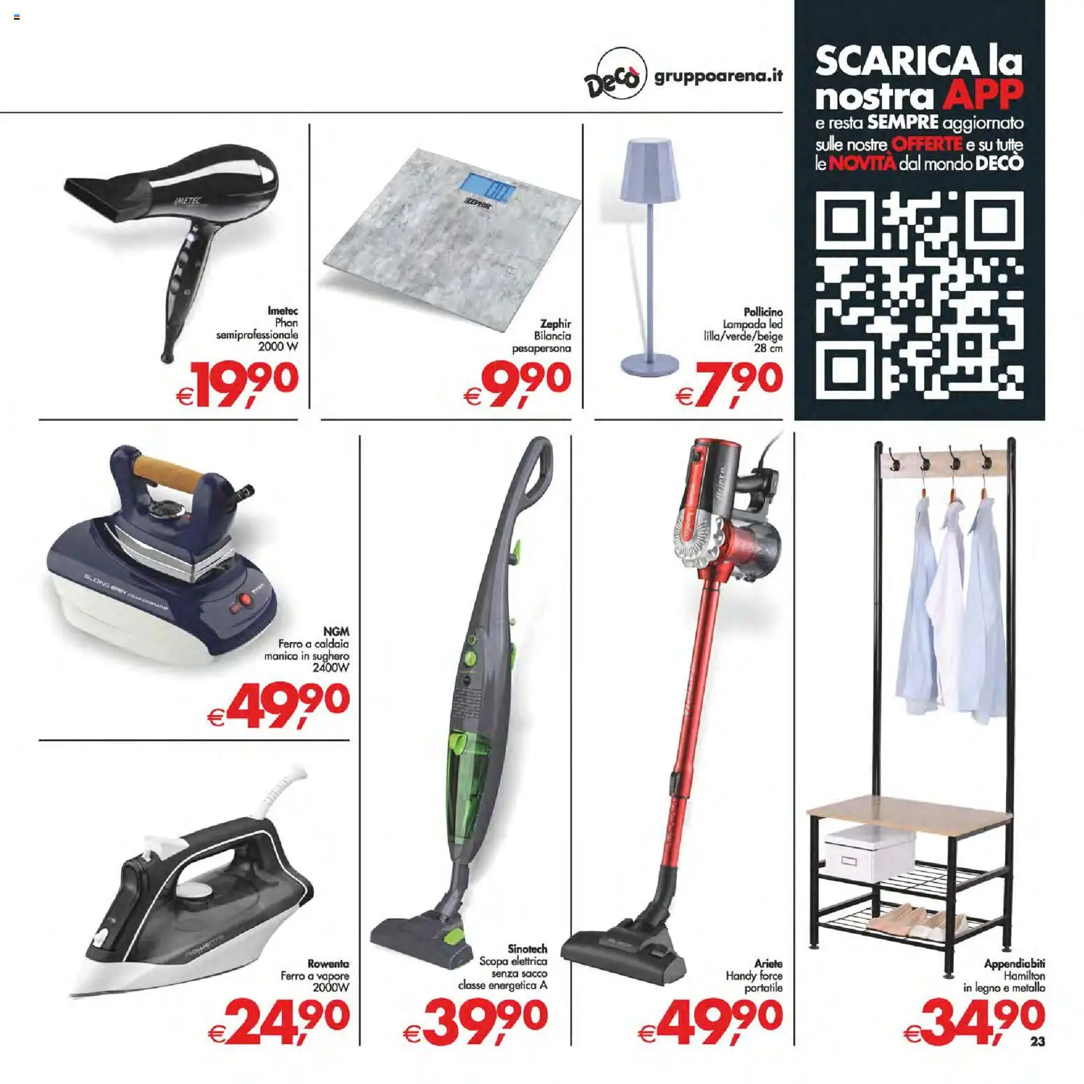 Volantino Decò del 06.03.2026 | Pagina: 23 | Prodotti: Scopa elettrica, Caldaia, Bilancia, Lampada