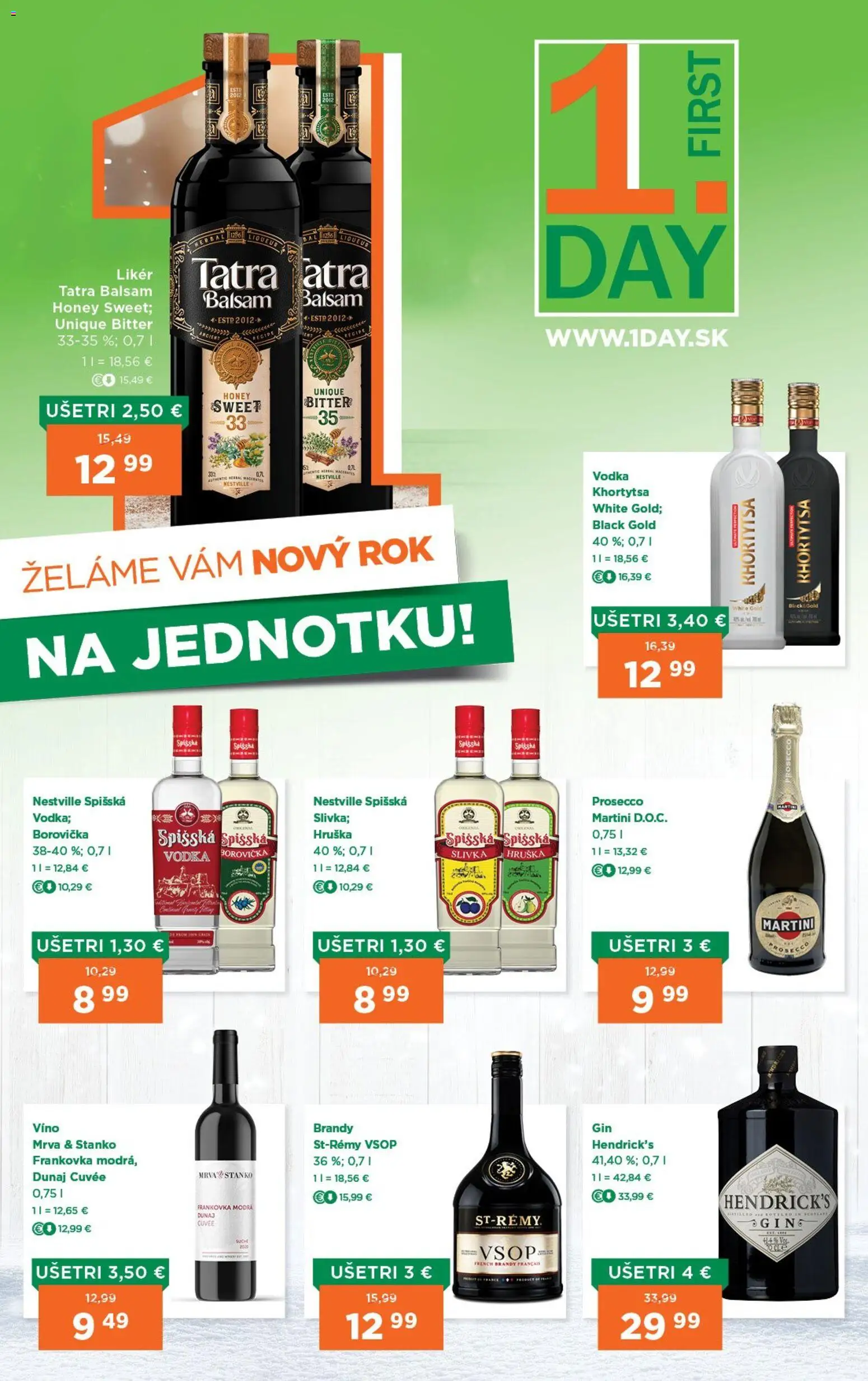 Nové 1day akcie – leták je platný od 01.01.2026 | Strana: 1 | Produkty: Víno, Prosecco, Borovička, Vodka