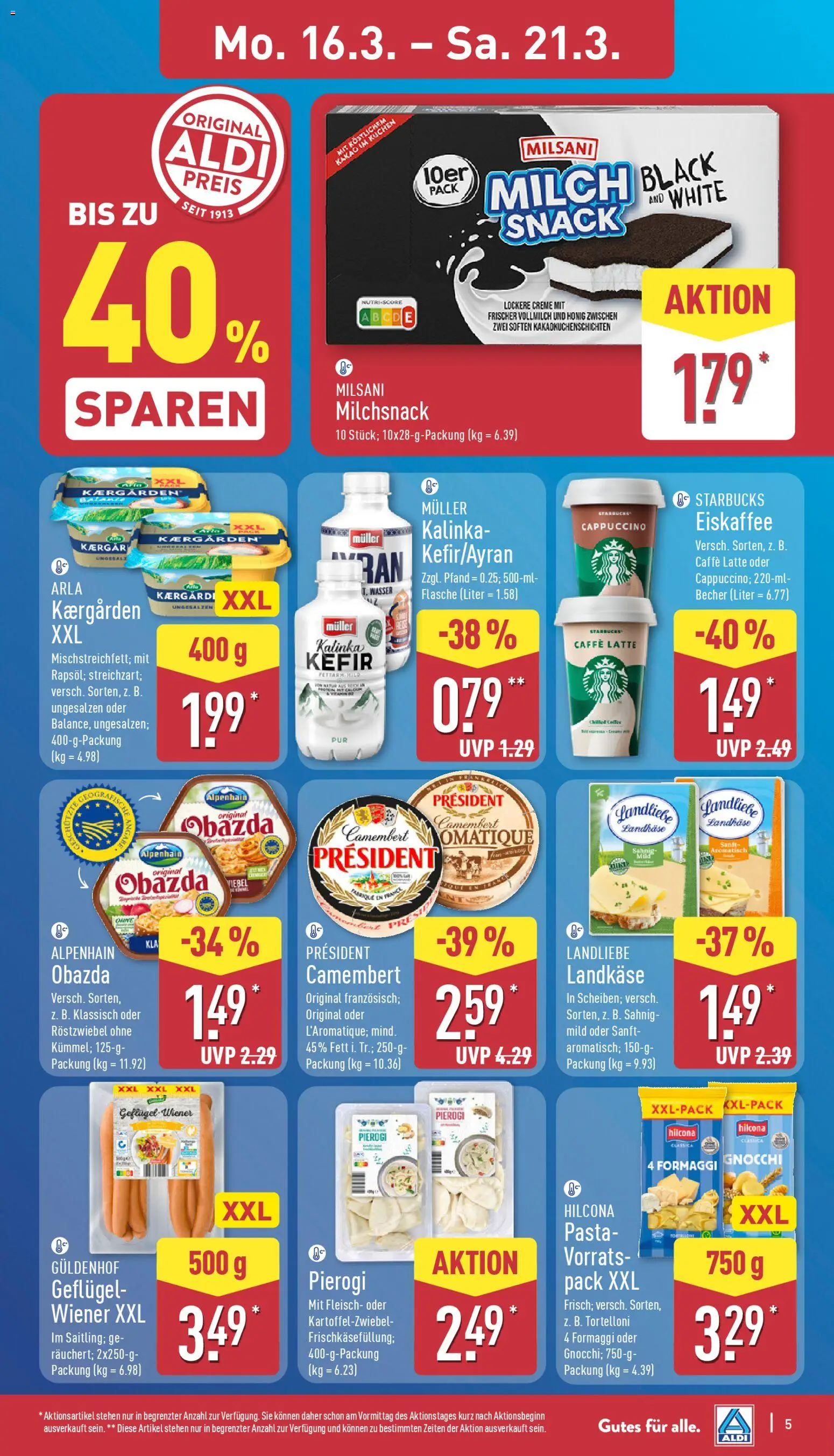 Aldi Prospekt 	 – gültig ab 16.03.2026 | Seite: 5 | Produkte: Kefir, Wasser, Pasta, Fleisch