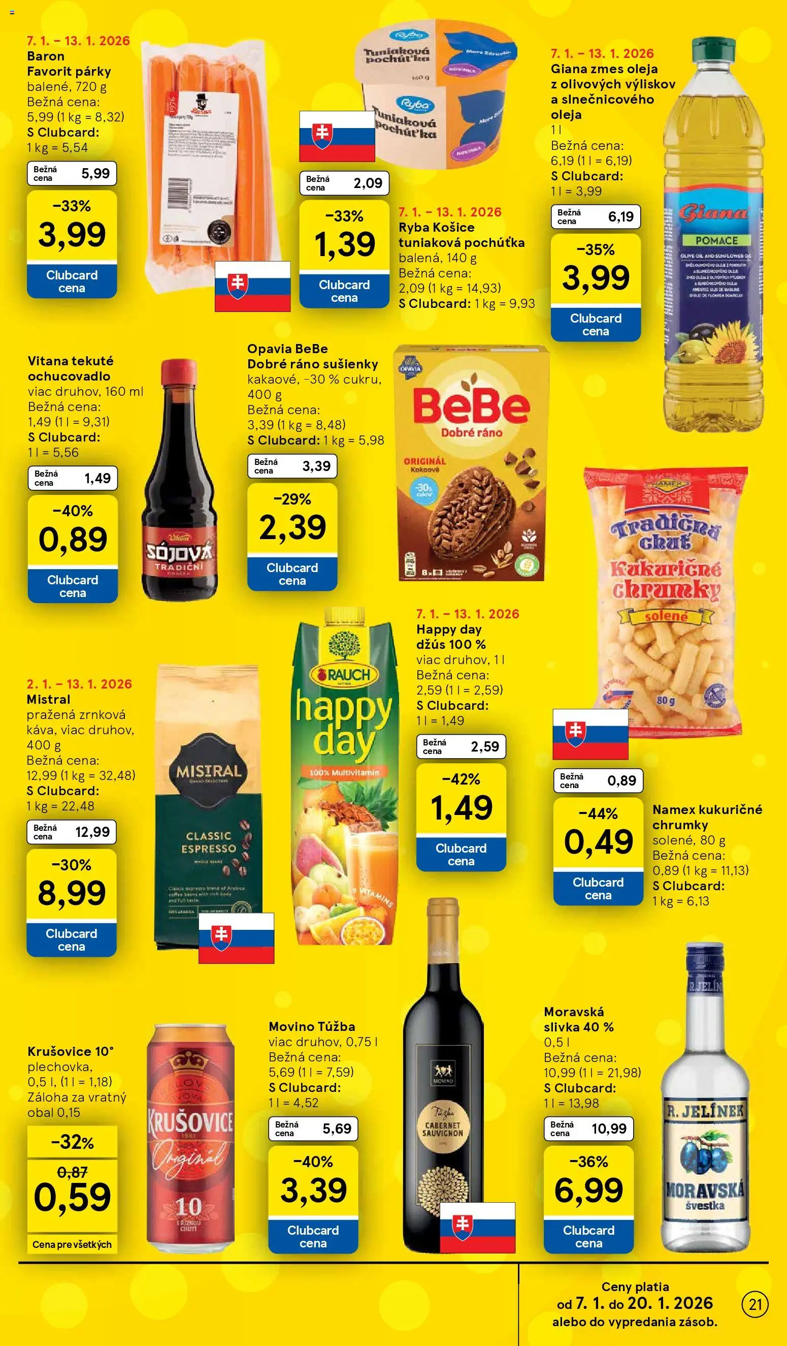 Nové Tesco akcie – leták je platný od 07.01.2026 | Strana: 21 | Produkty: Ryba, Brandy, Párky, Zrnková káva