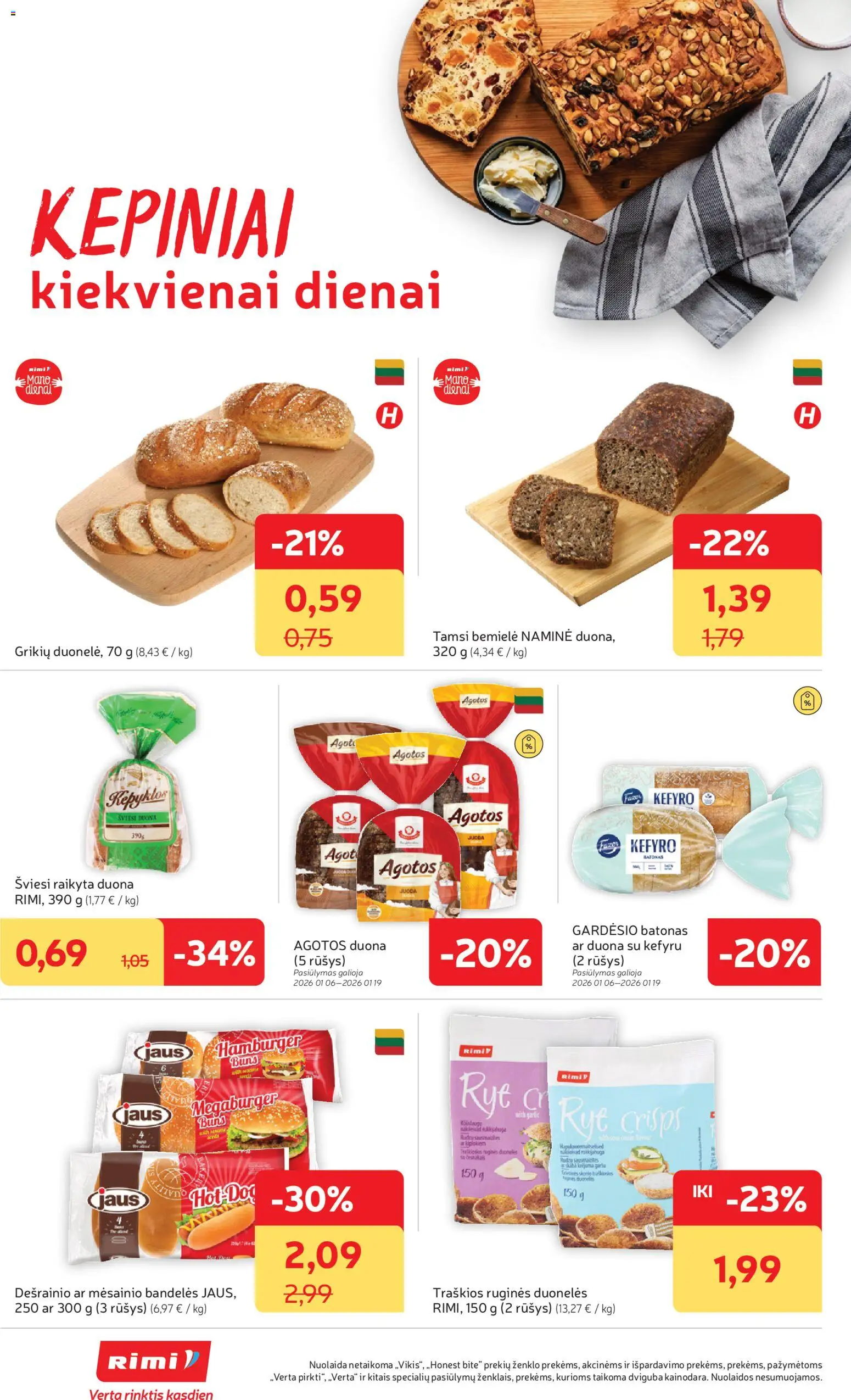 Rimi akcijos nuo 06.01.2026 | Puslapis: 14 | Prekių: Batonas, Bandelės, Duona