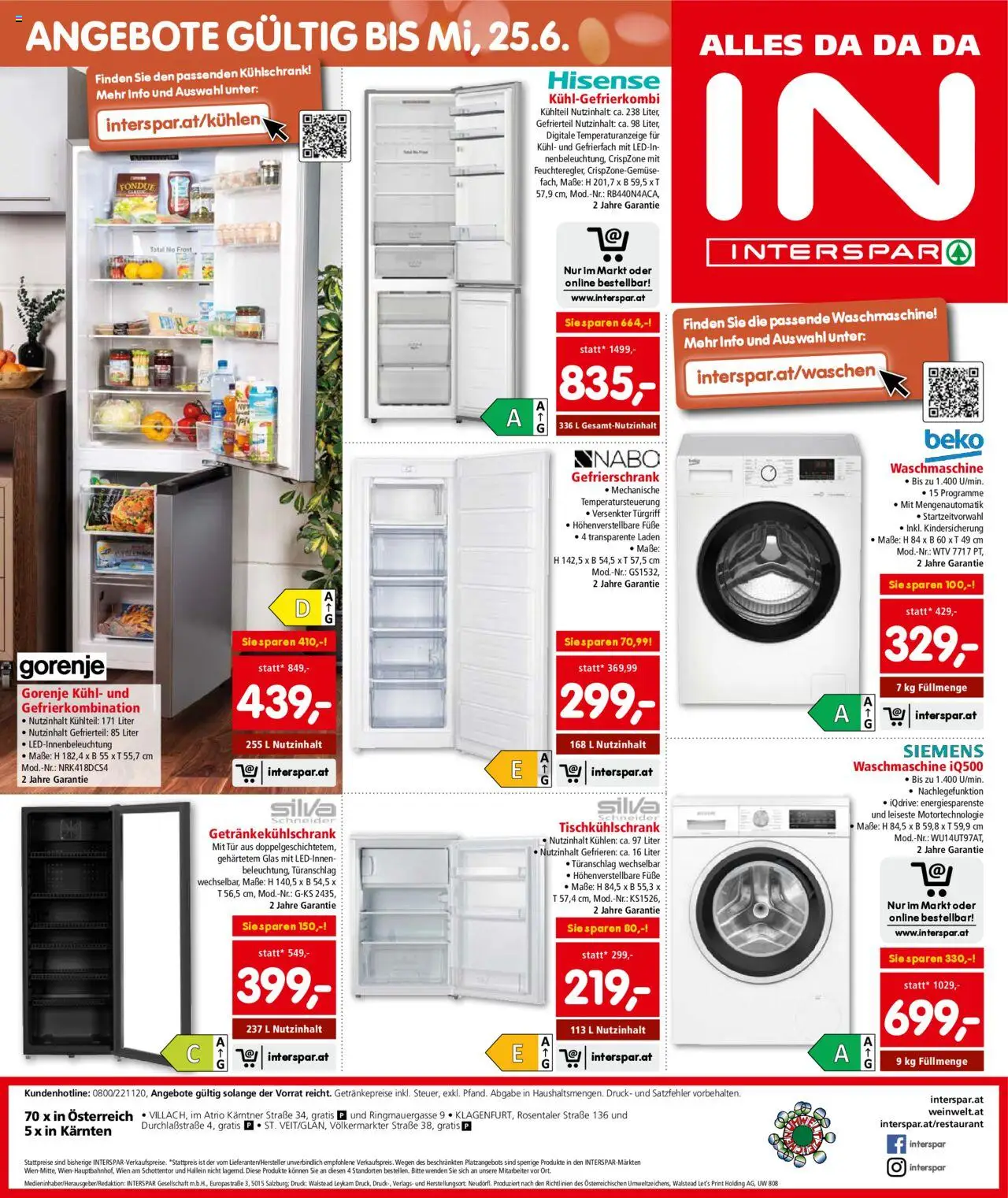 Interspar Flugblatt - Kärnten gültig ab 05.06.2025 | Seite: 20 | Produkte: Kühlschrank, Gefrierschrank, Waschmaschine