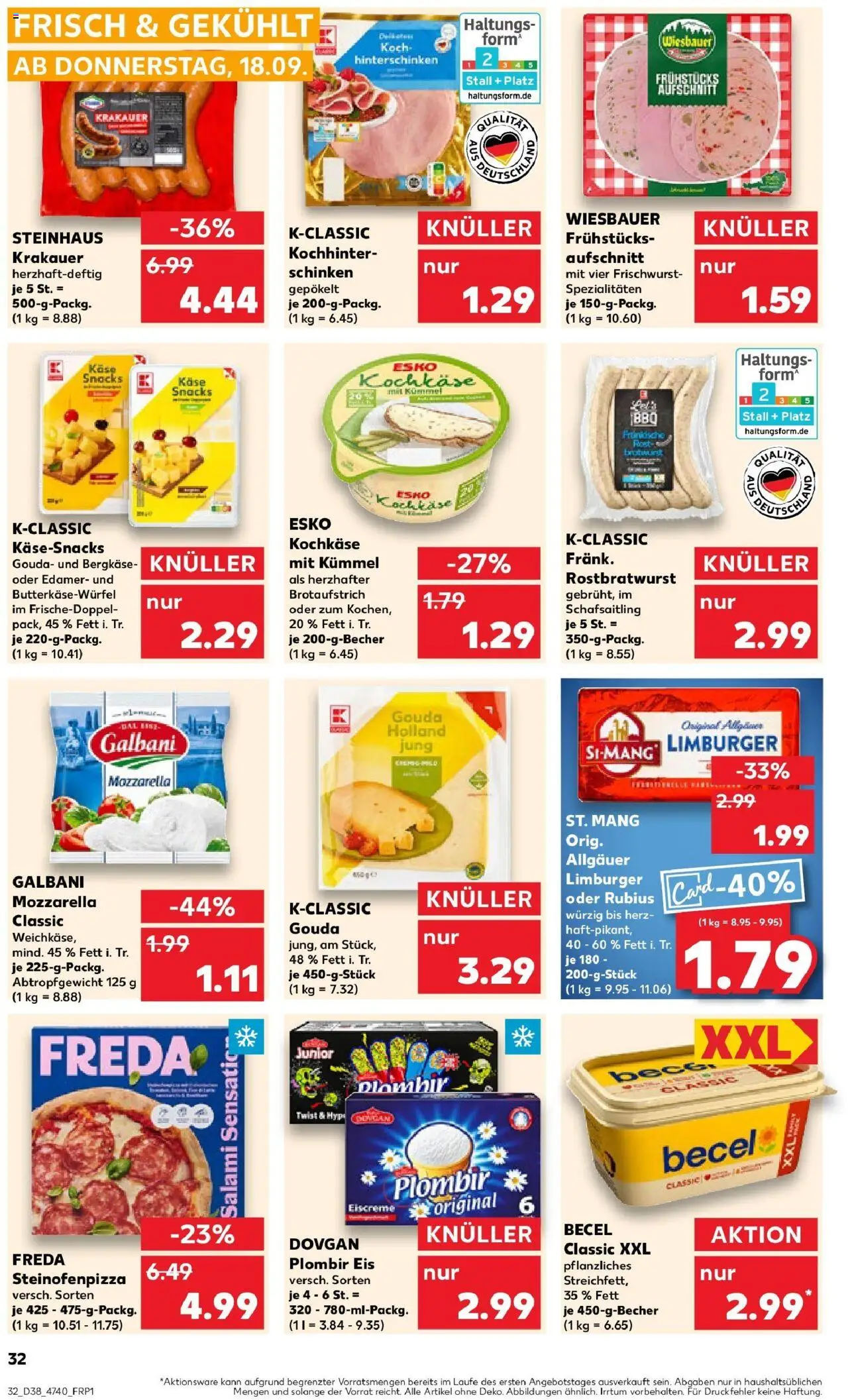 Kaufland prospekt Hannover	 – gültig ab 21.09.2025 | Seite: 32 | Produkte: Käse, Becel, Eiscreme, Schinken