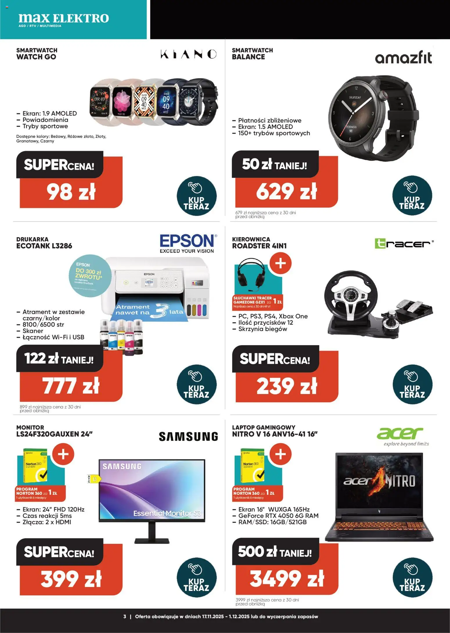 Max elektro Black Friday od 17.11.2025 | Strona: 3 | Produkty: Monitor, Drukarka, Smartwatch, Skaner
