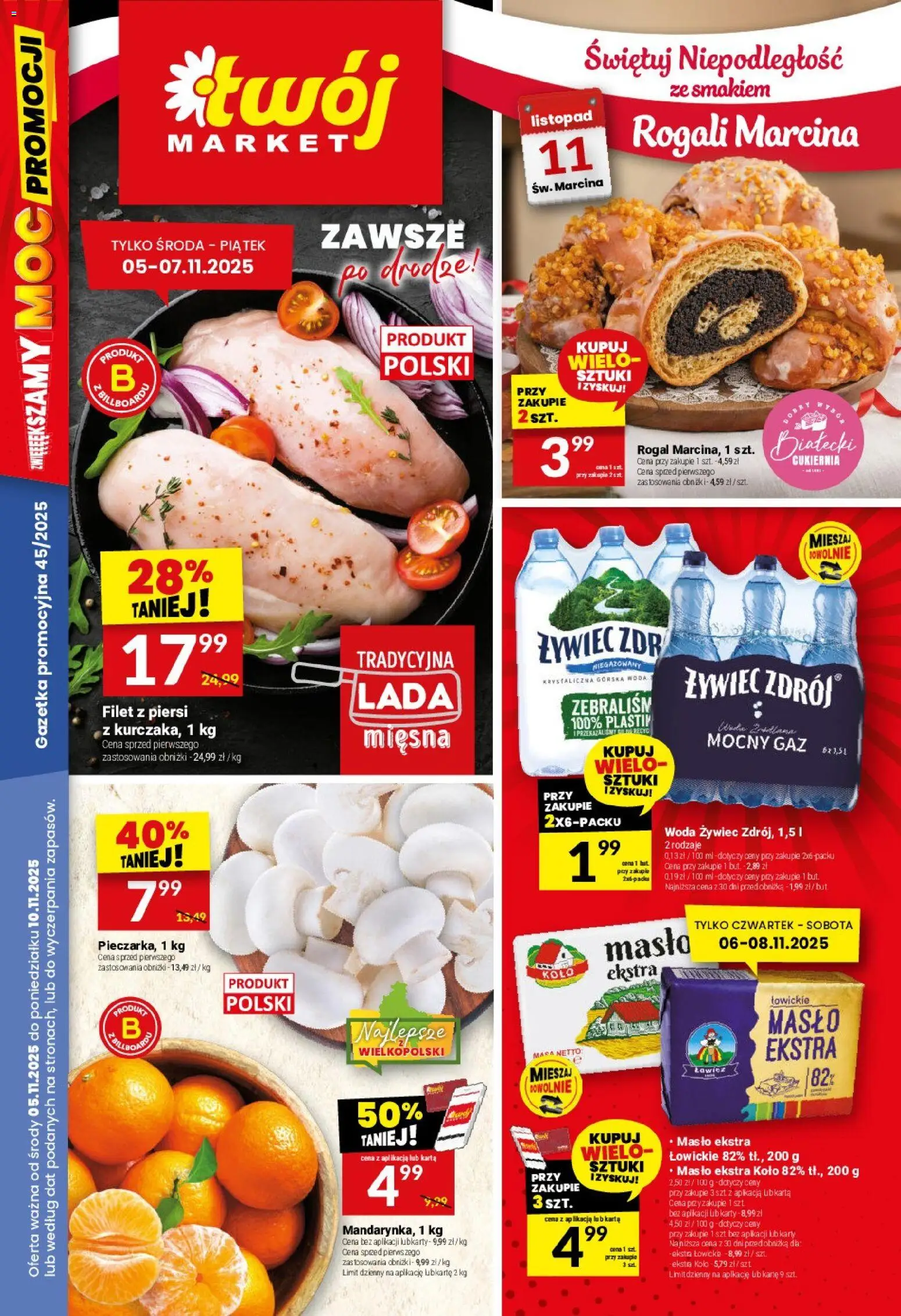 Twój Market Gazetka od 05.11.2025 | Strona: 1 | Produkty: Woda żywiec, Piersi, Masło, Woda