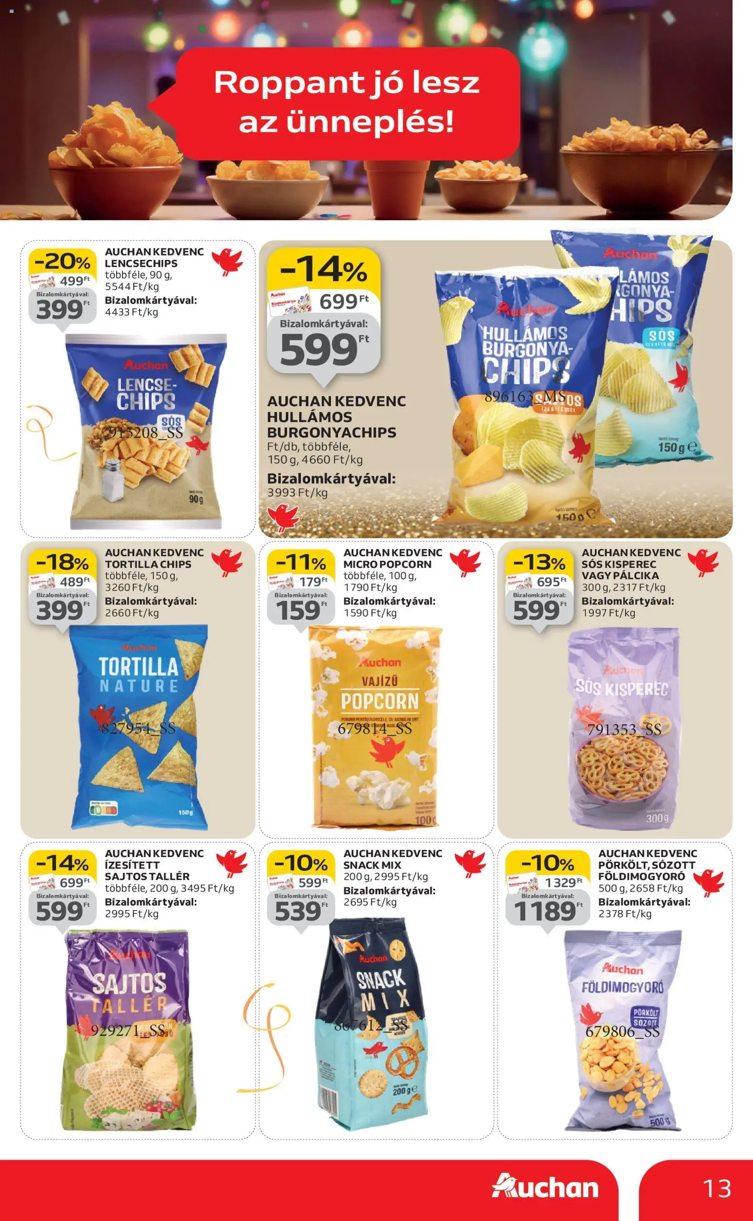 Auchan akciós ujság - amely érvényes a következő dátumtól: 27.12.2025 | Oldal: 13 | Termékek: Chips, Kisperec, Tortilla, Lencse