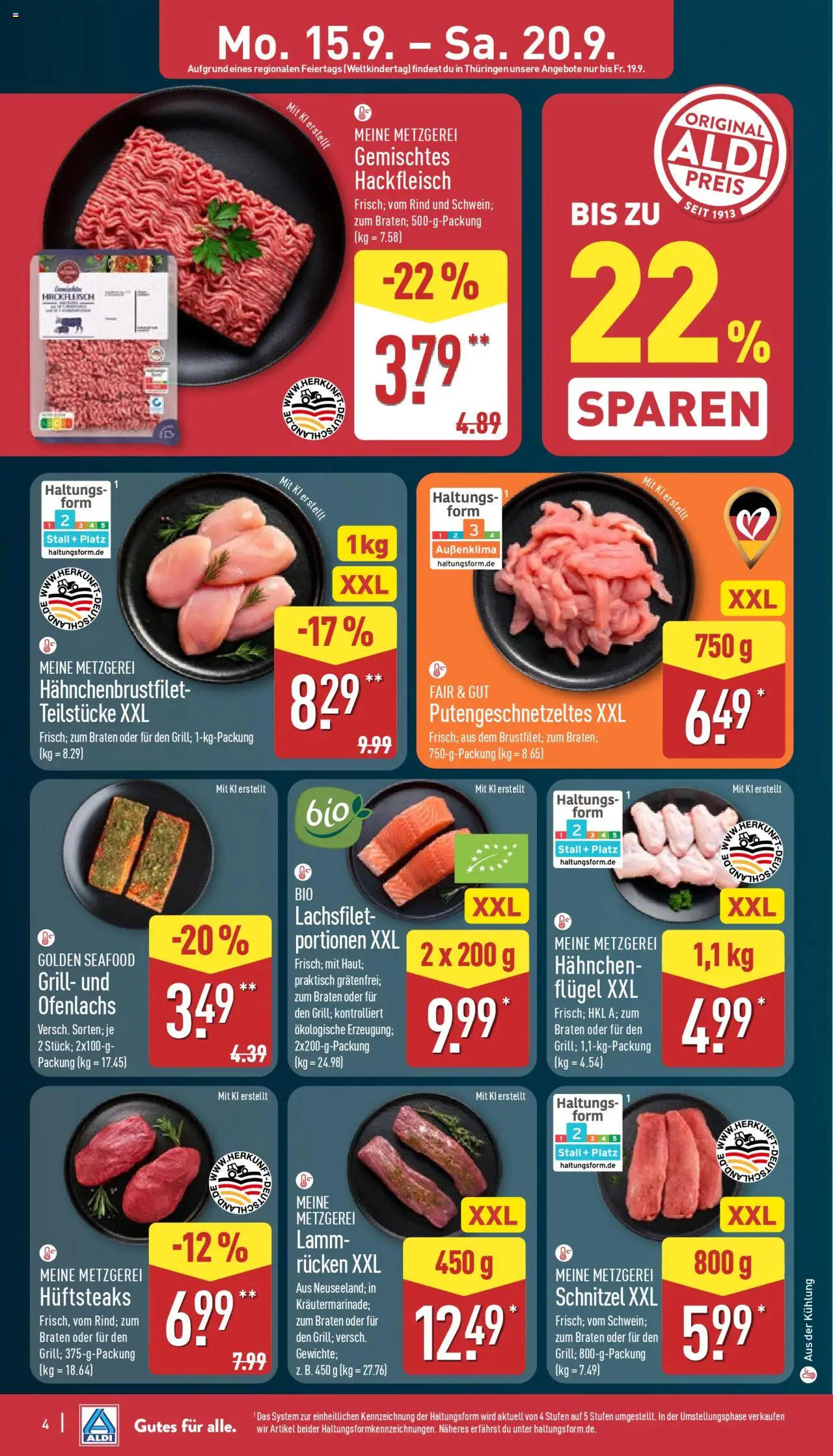 Aldi Prospekt 	 – gültig ab 15.09.2025 | Seite: 4 | Produkte: Grill, Hahnchen, Schnitzel, Hackfleisch