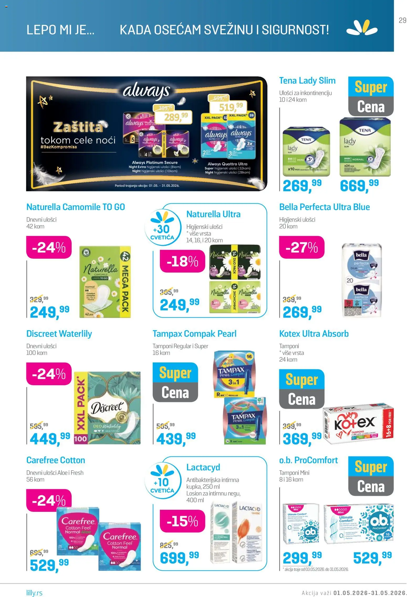 Lilly drogerie katalog - važi od 01.05.2026 | Strana: 29 | Proizvode: Higijenski ulošci