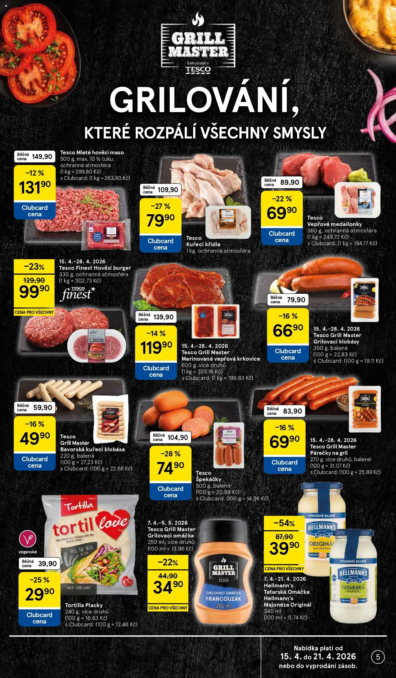 Tesco leták - Hypermarket od 15.04.2026 | Strana: 5 | Produkty: Burger, Špekáčky, Klobásy, Vepřová krkovice