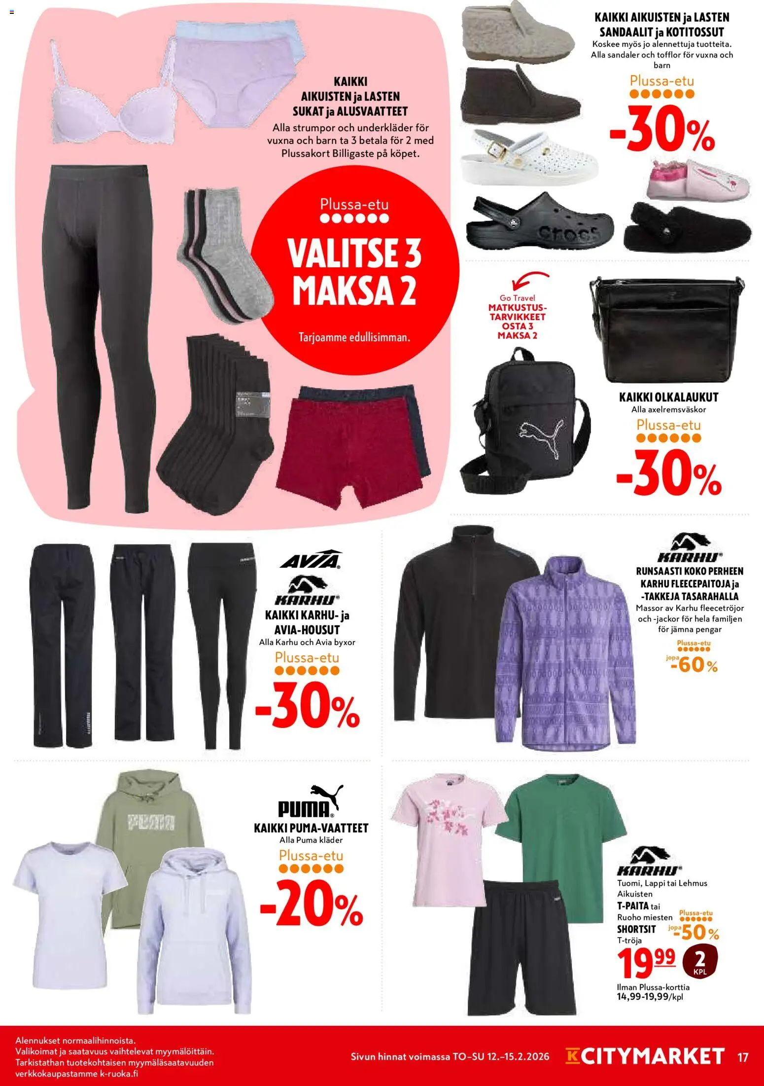K-Citymarket tarjoukset – voimassa 12.02.2026 alkaen | Sivu: 17 | Tuotteet: Shortsit, Alusvaatteet, Sukat, Sandaalit