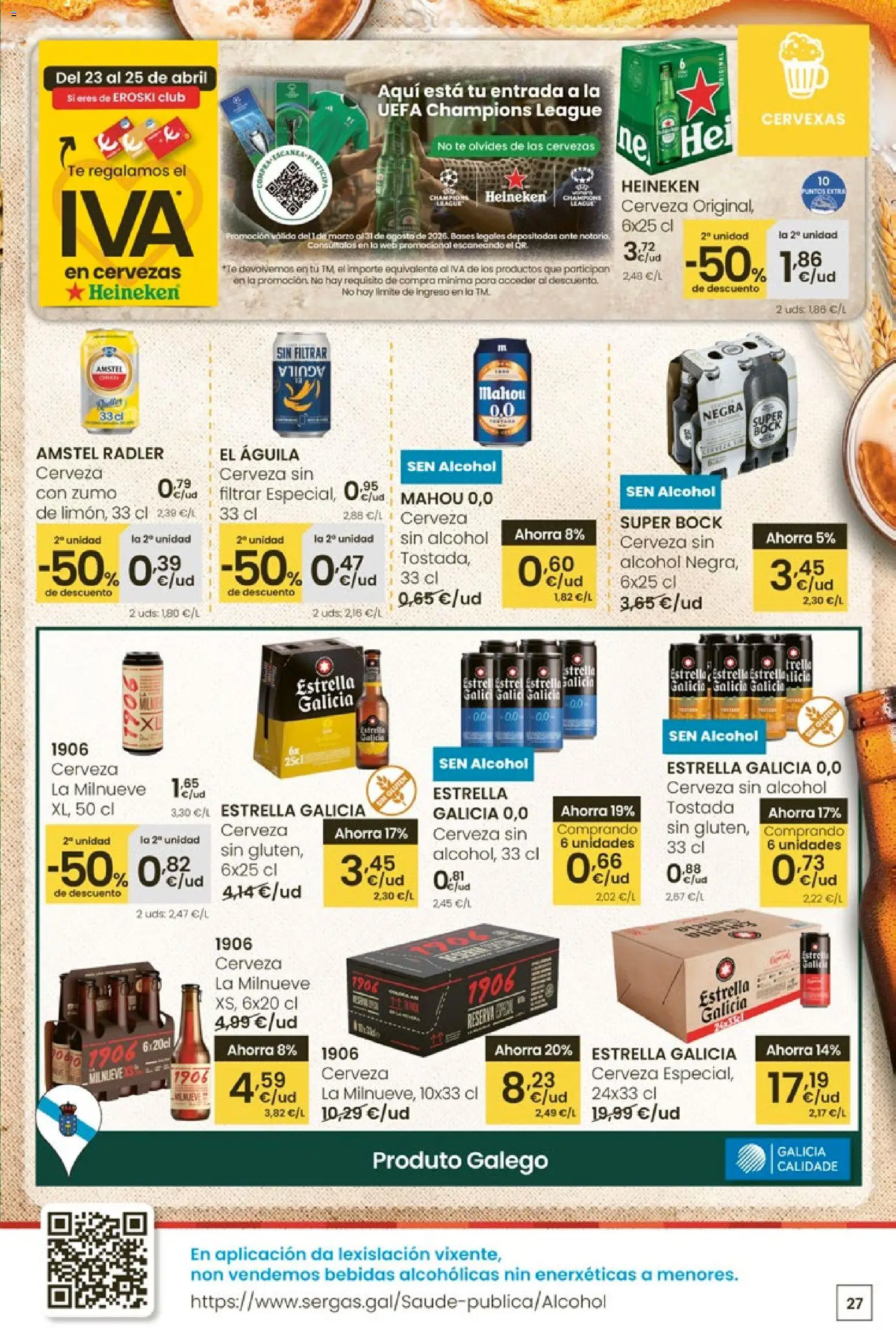 Eroski Quieres ahorrar conmigo │ válido desde el 16.04.2026 | Página: 27 | Productos: Cerveza sin alcohol, Ροζ πιπέρι, Té, Σπανάκι
