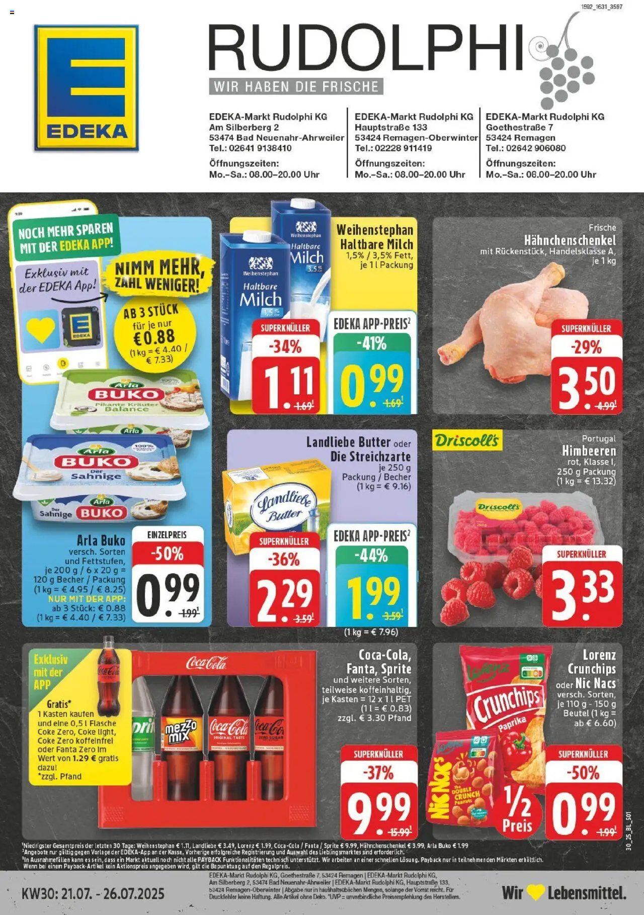 Edeka prospekt Bad Neuenahr - Ahrweiler	 - gültig ab dem 20.07.2025 | Seite: 1 | Produkte: Hahnchenschenkel, Bad, Landliebe butter, Lorenz crunchips