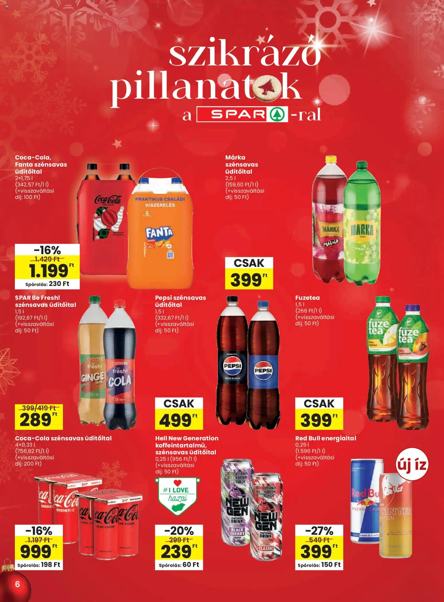 Spar akciós ujság - amely érvényes a következő dátumtól: 11.12.2025 | Oldal: 6 | Termékek: Energiaital, Fanta, Red bull, Cola
