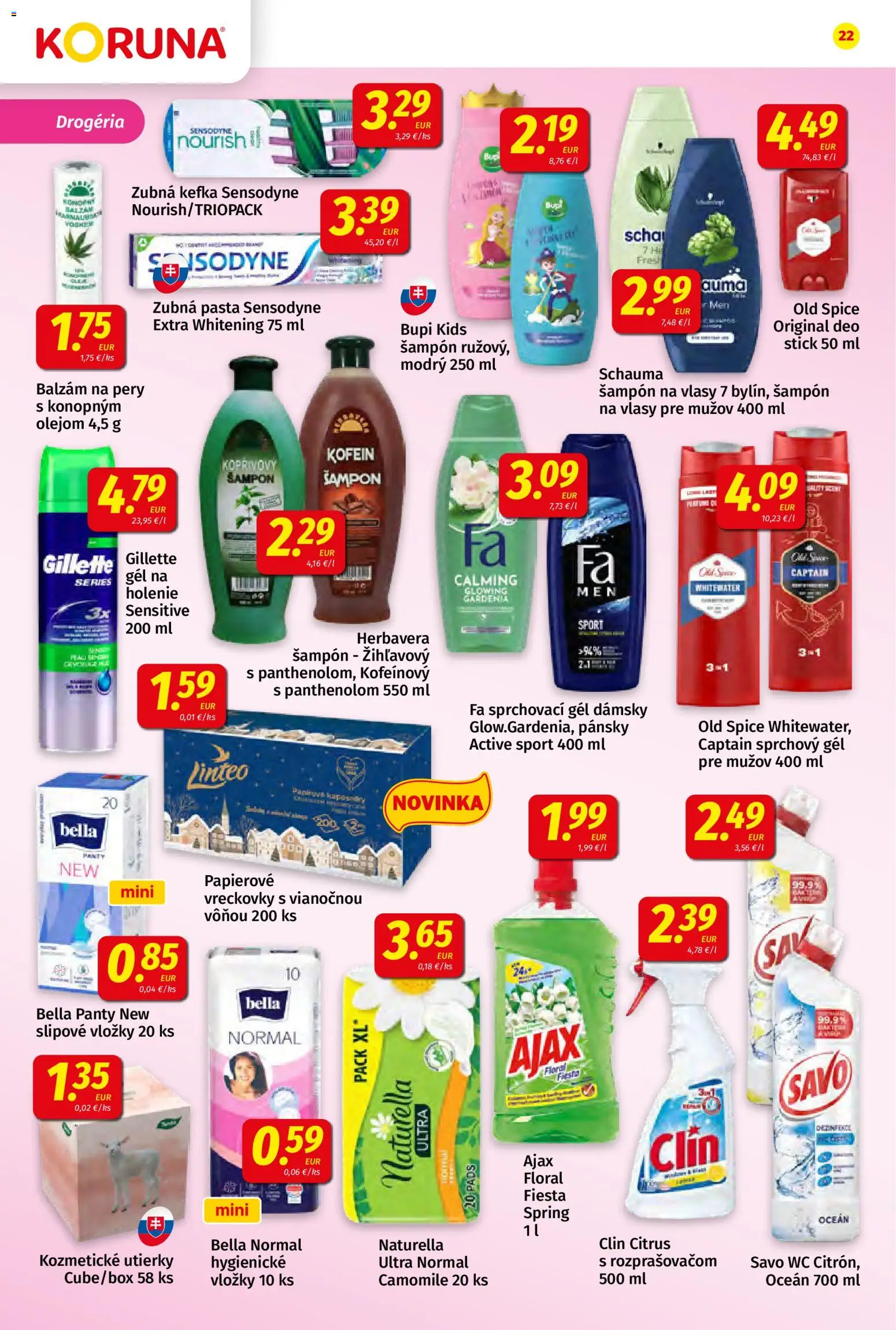 Nové Koruna akcie – leták je platný od 21.11.2025 | Strana: 22 | Produkty: Zubná kefka, Šampón, Sprchový gél, Zubná pasta
