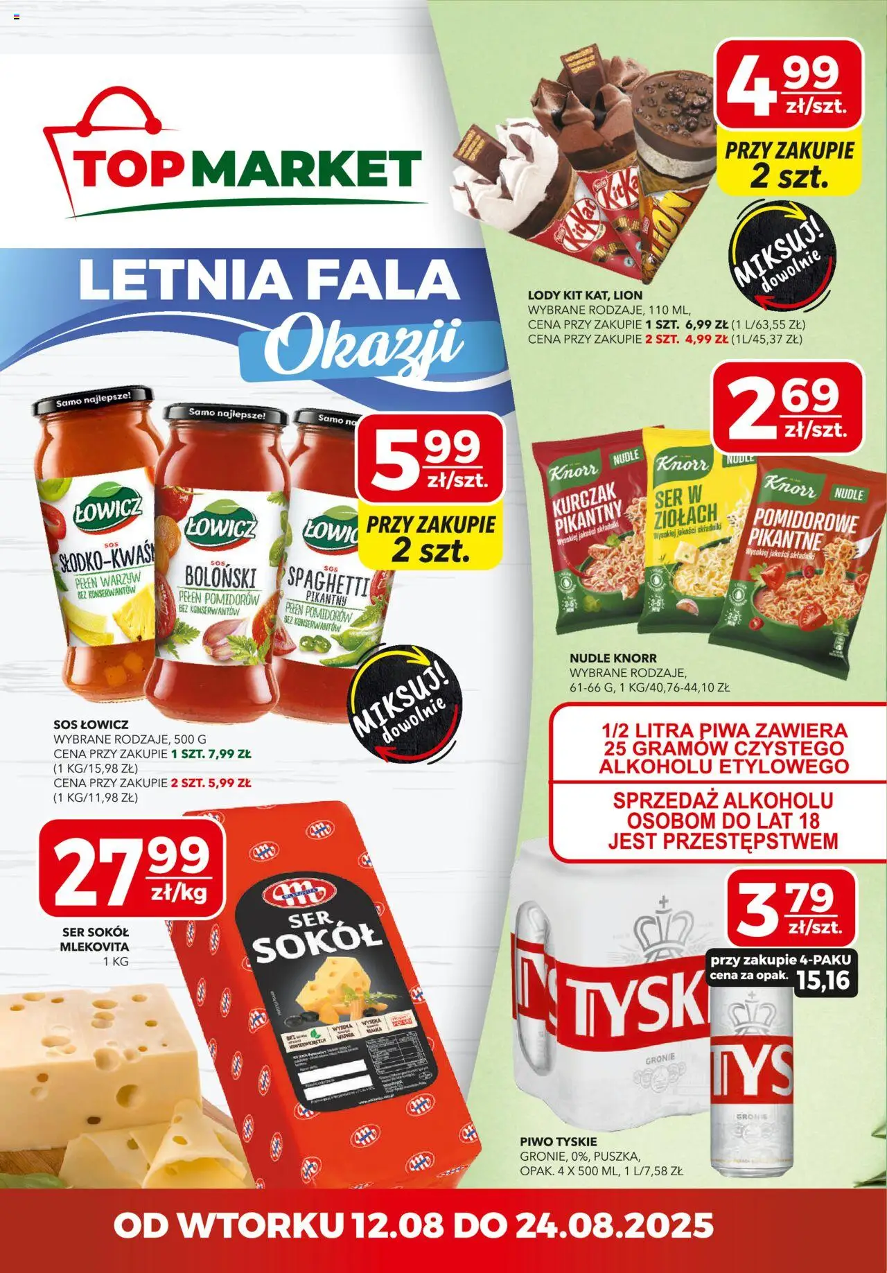 Top Market Gazetka od 12.08.2025 | Strona: 1 | Produkty: Top, Tyskie, Piwo, Lody