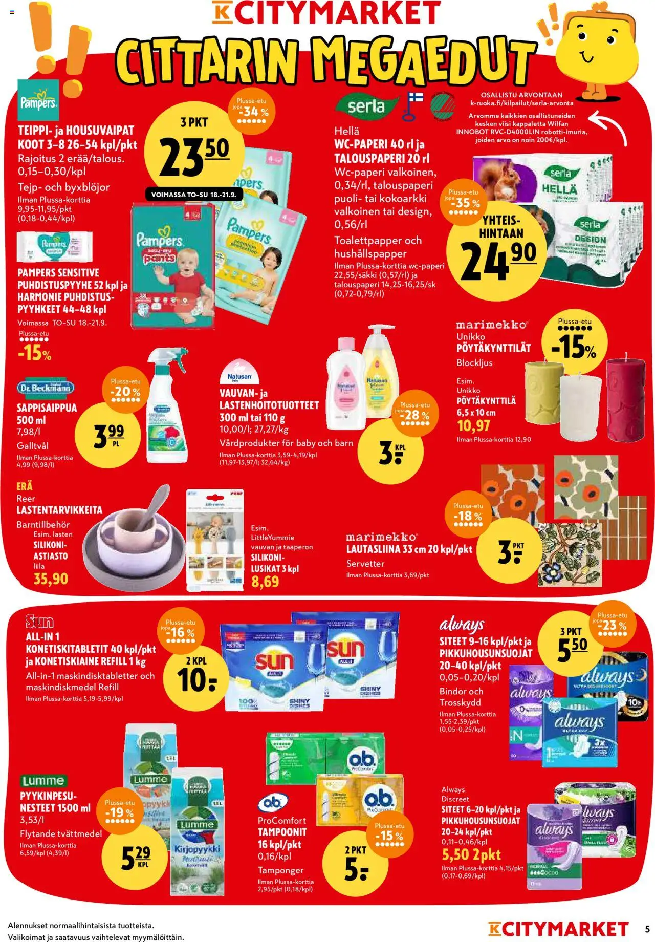 K-Citymarket tarjoukset – voimassa 18.09.2025 alkaen | Sivu: 5 | Tuotteet: Pyyhkeet, Hella, Siteet, Teippi