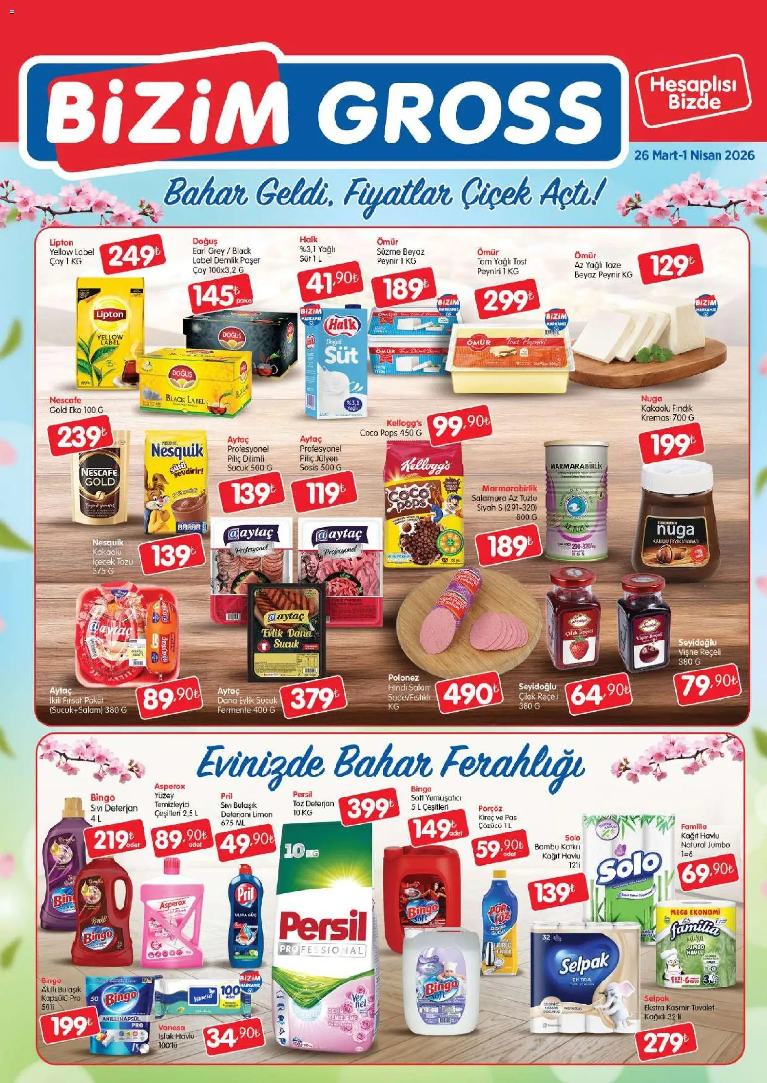 Bizim Toptan - Bizim Gross Fırsat Bülteni - 26.03.2026 tarihinden itibaren geçerlidir | Sayfa: 1 | Ürünler: Süt, Çay, Kağıt havlu, Demlik