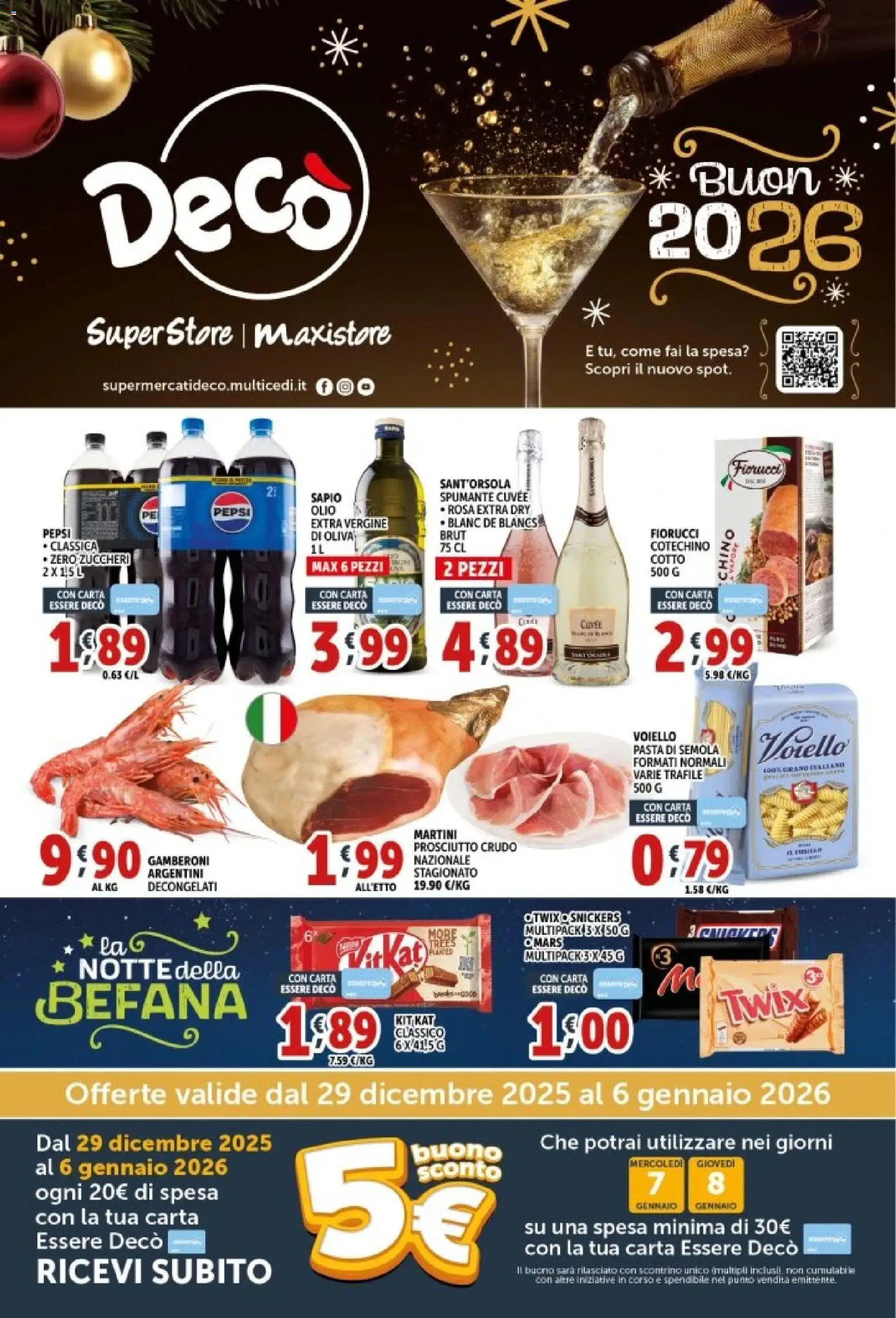 Volantino Decò del 29.12.2025 | Pagina: 1 | Prodotti: Prosciutto Crudo, Olio, Gamberoni, Cotechino