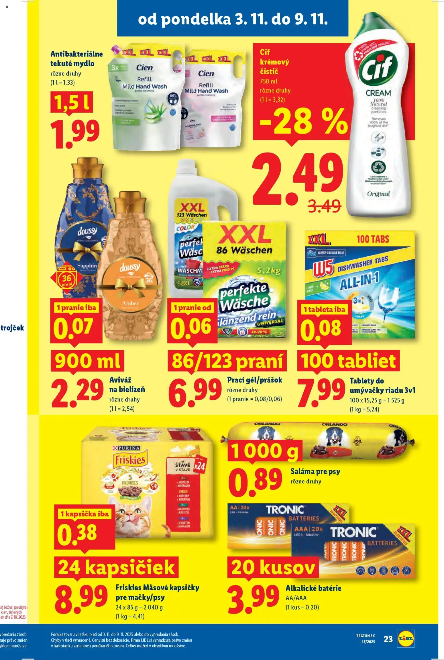 Nové Lidl akcie – leták je platný od 06.11.2025 | Strana: 62 | Produkty: Saláma, Aviváž, Tablety do umývačky riadu, Cif
