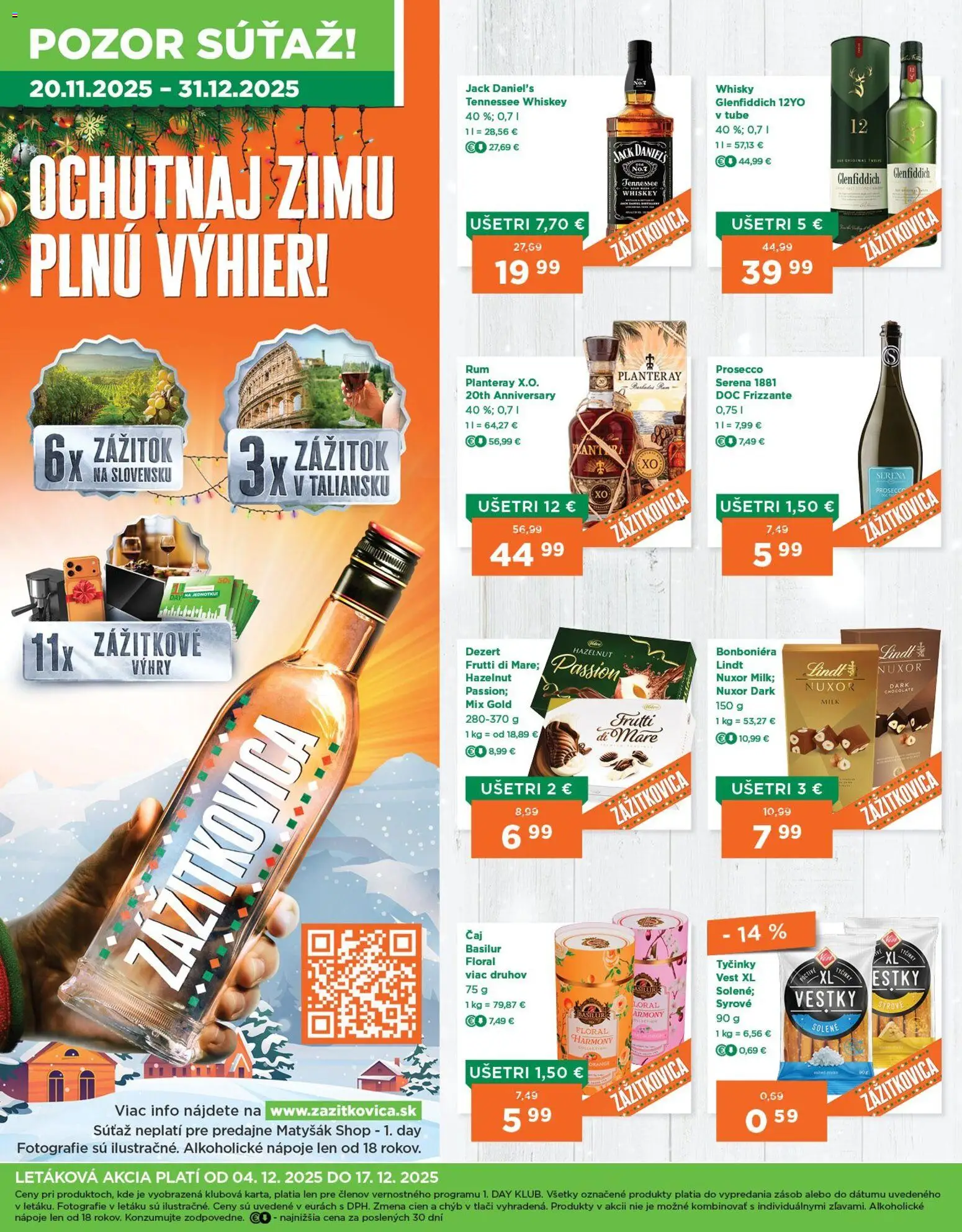 Nové 1day akcie – leták je platný od 04.12.2025 | Strana: 4 | Produkty: Prosecco, Lindt, Whisky, Jack Daniel's
