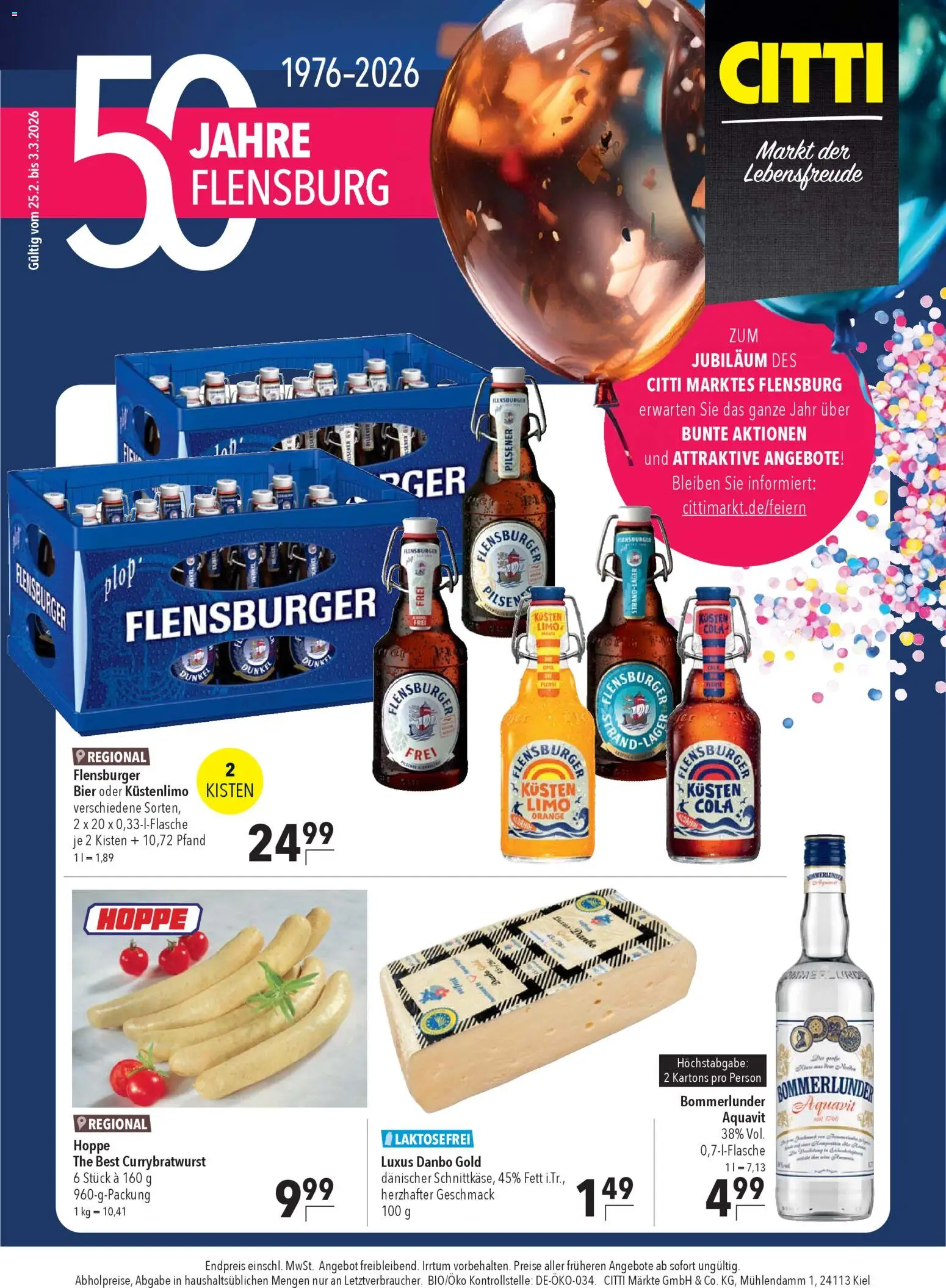 CITTI Markt 50 Jahre Flensburg – gültig ab 25.02.2026 | Seite: 1 | Produkte: Cola, Bier, Flensburger