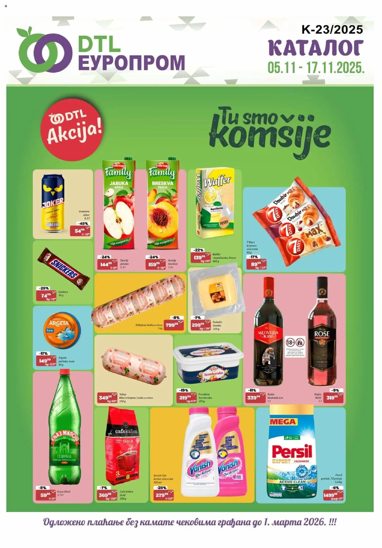 Europrom katalog - važi od 05.11.2025 | Strana: 1 | Proizvode: Kroasan, Šunka, Napolitanke, Persil