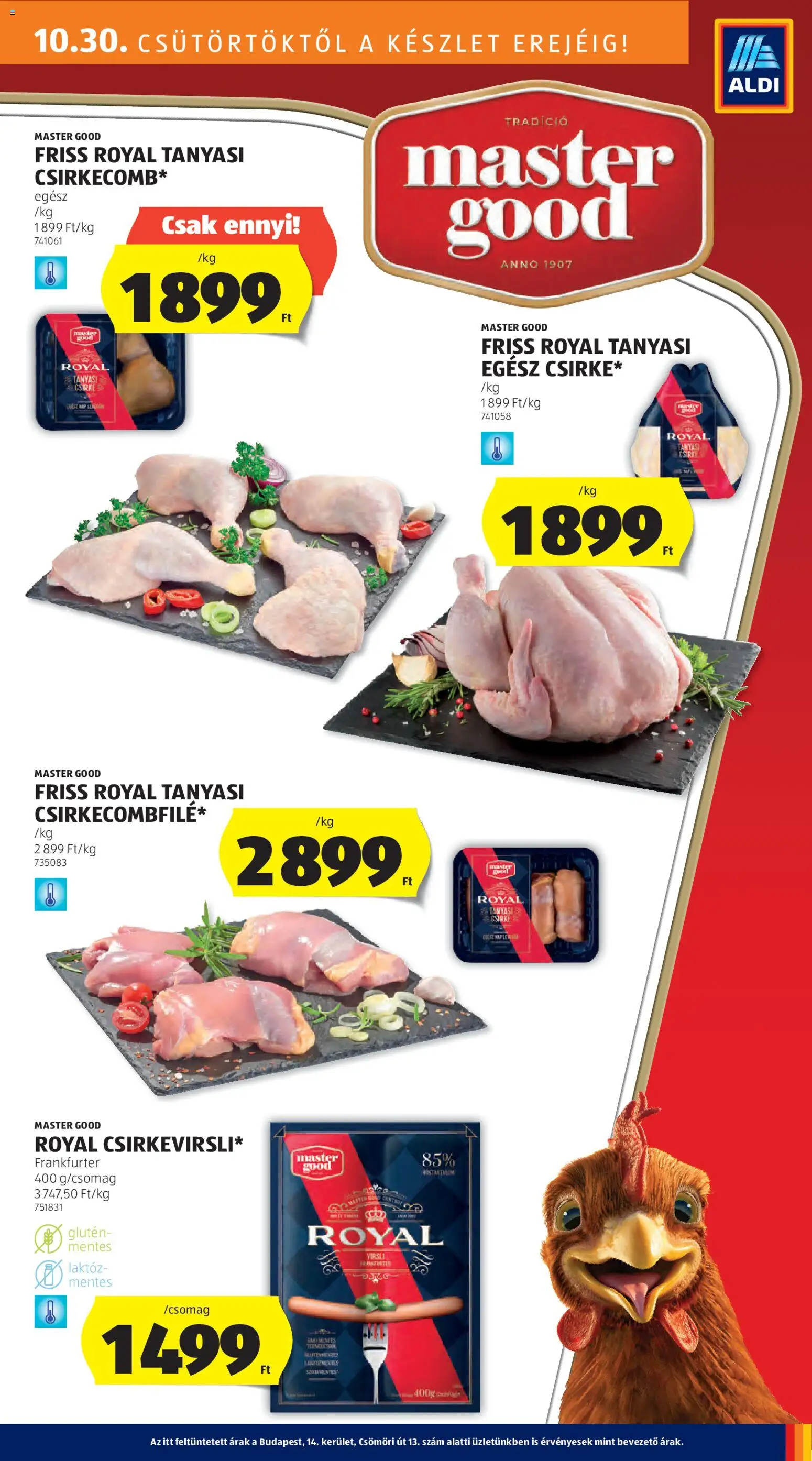 Aldi akciós ujság - amely érvényes a következő dátumtól: 30.10.2025 | Oldal: 17 | Termékek: Virsli, Egész csirke, Csirkecombfile, Tanyasi csirke