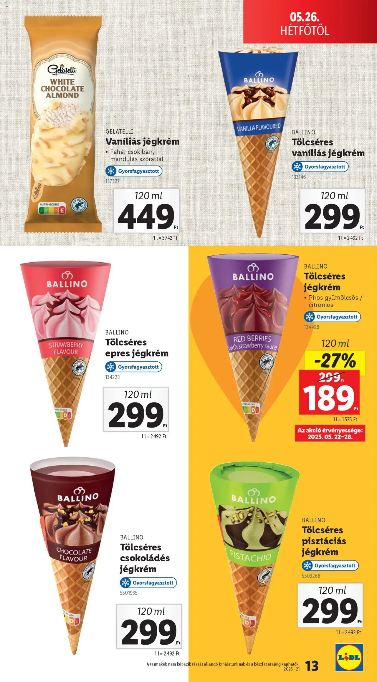 Lidl akciós ujság - amely érvényes a következő dátumtól: 26.05.2025 | Oldal: 13 | Termékek: Jégkrém