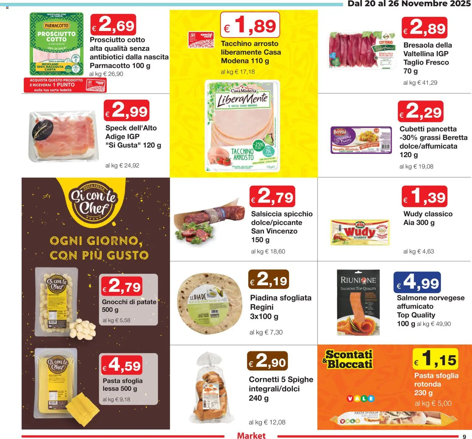 Volantino Sì con Te del 20.11.2025 | Pagina: 9 | Prodotti: Prosciutto Cotto, Salmone, Olio, Gnocchi