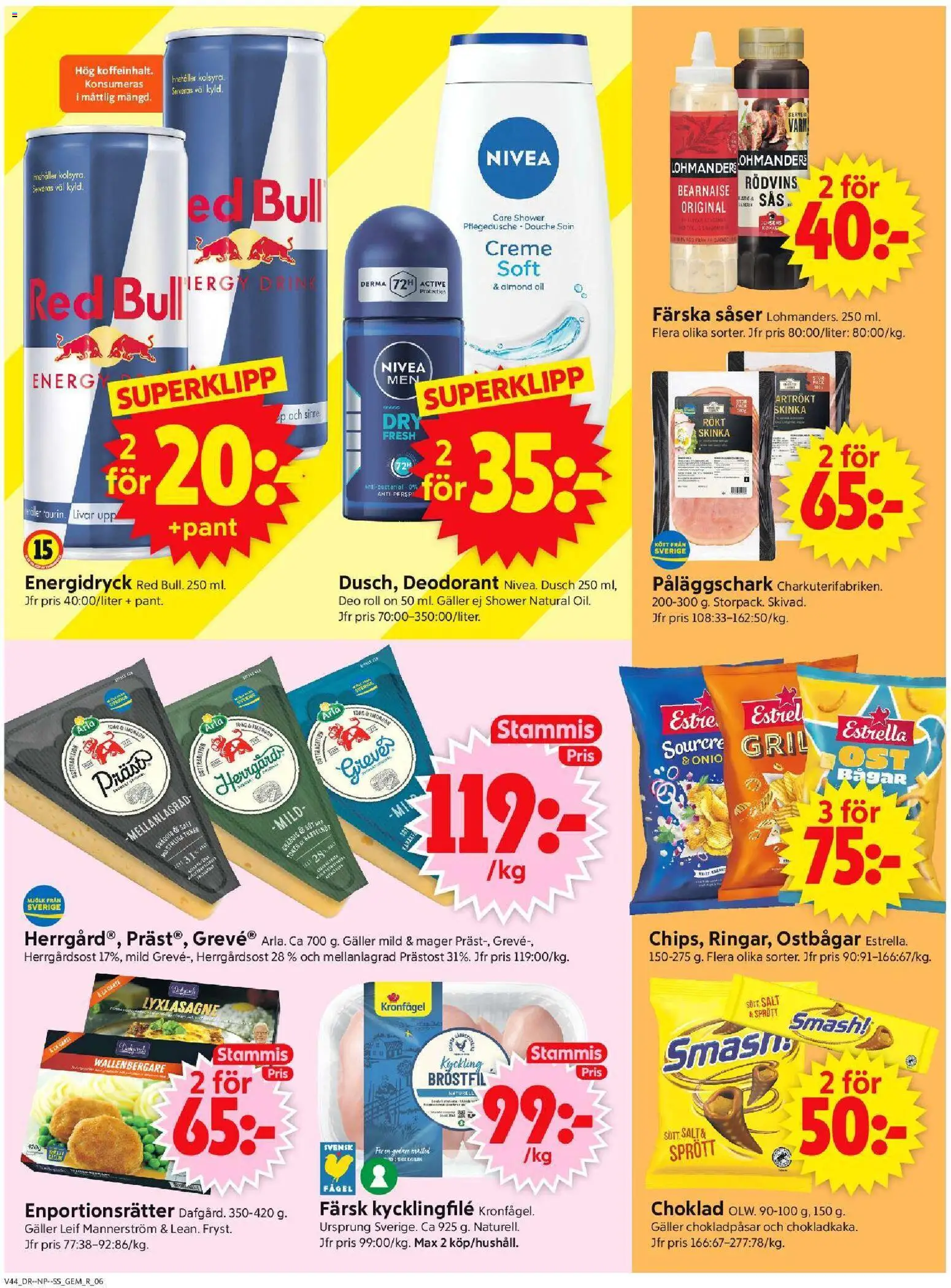 ICA Supermarket reklamblad aktuell från 27.10.2025 | Sida: 8 | Produkter: Deodorant, Kycklingfile, Skinka, Energidryck