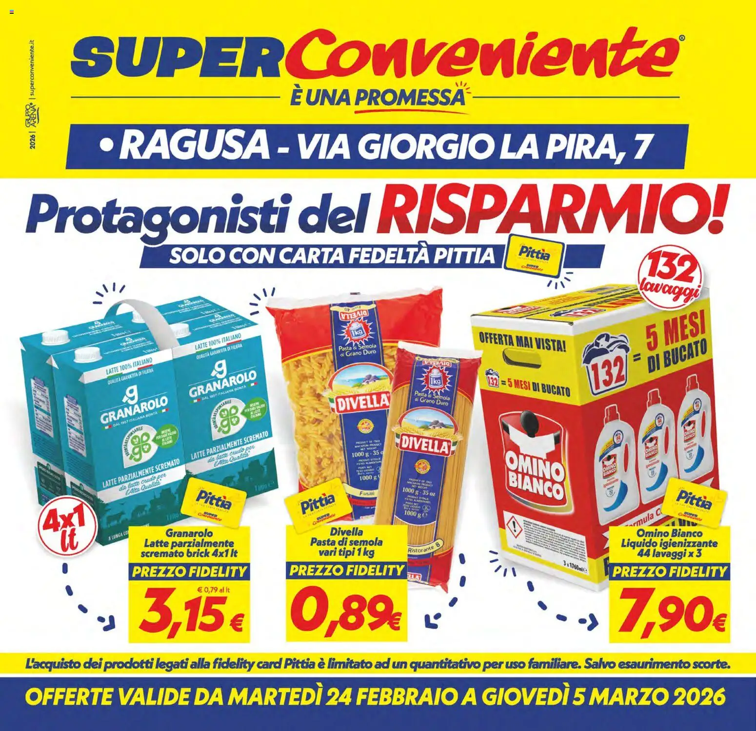 Volantino SuperConveniente del 24.02.2026 | Pagina: 1 | Prodotti: Latte, Pasta, Fusilli, Latte parzialmente scremato
