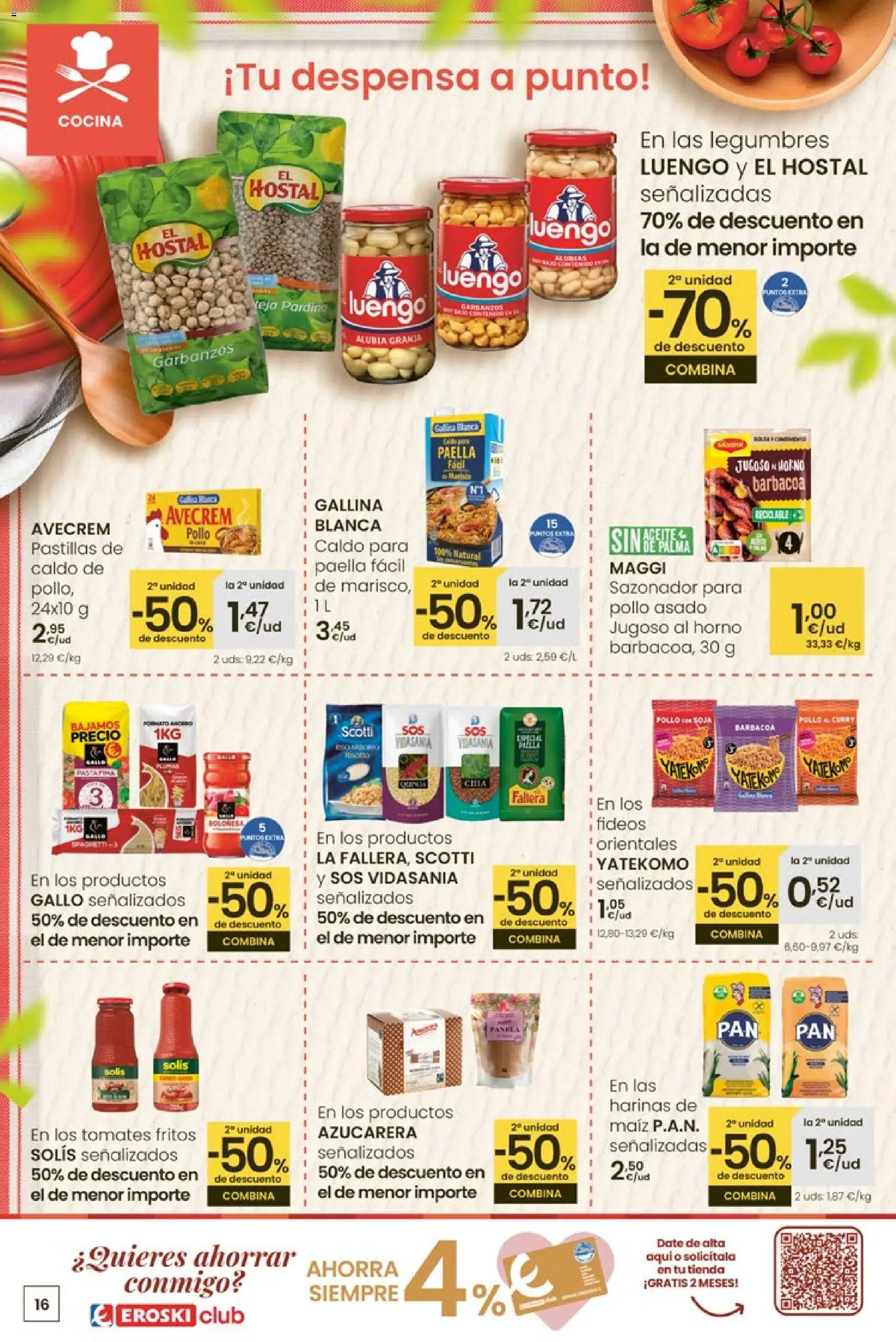 Eroski Quieres ahorrar conmigo │ válido desde el 16.04.2026 | Página: 16 | Productos: Tomates, Fideos, Sazonador, Cocina