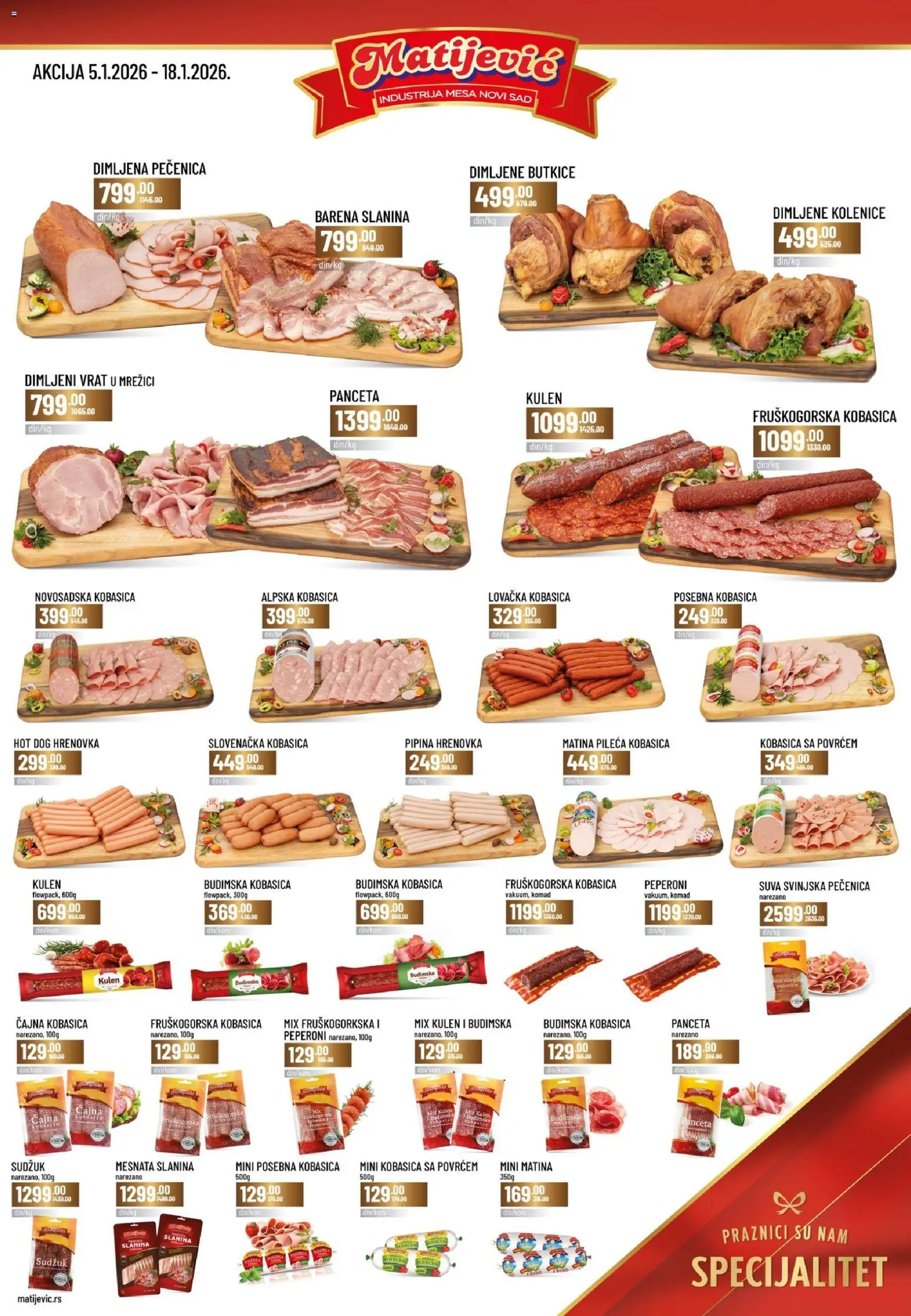Matijevic katalog - važi od 05.01.2026 | Strana: 1 | Proizvode: Budimska kobasica, Slanina, Kobasica, Pečenica