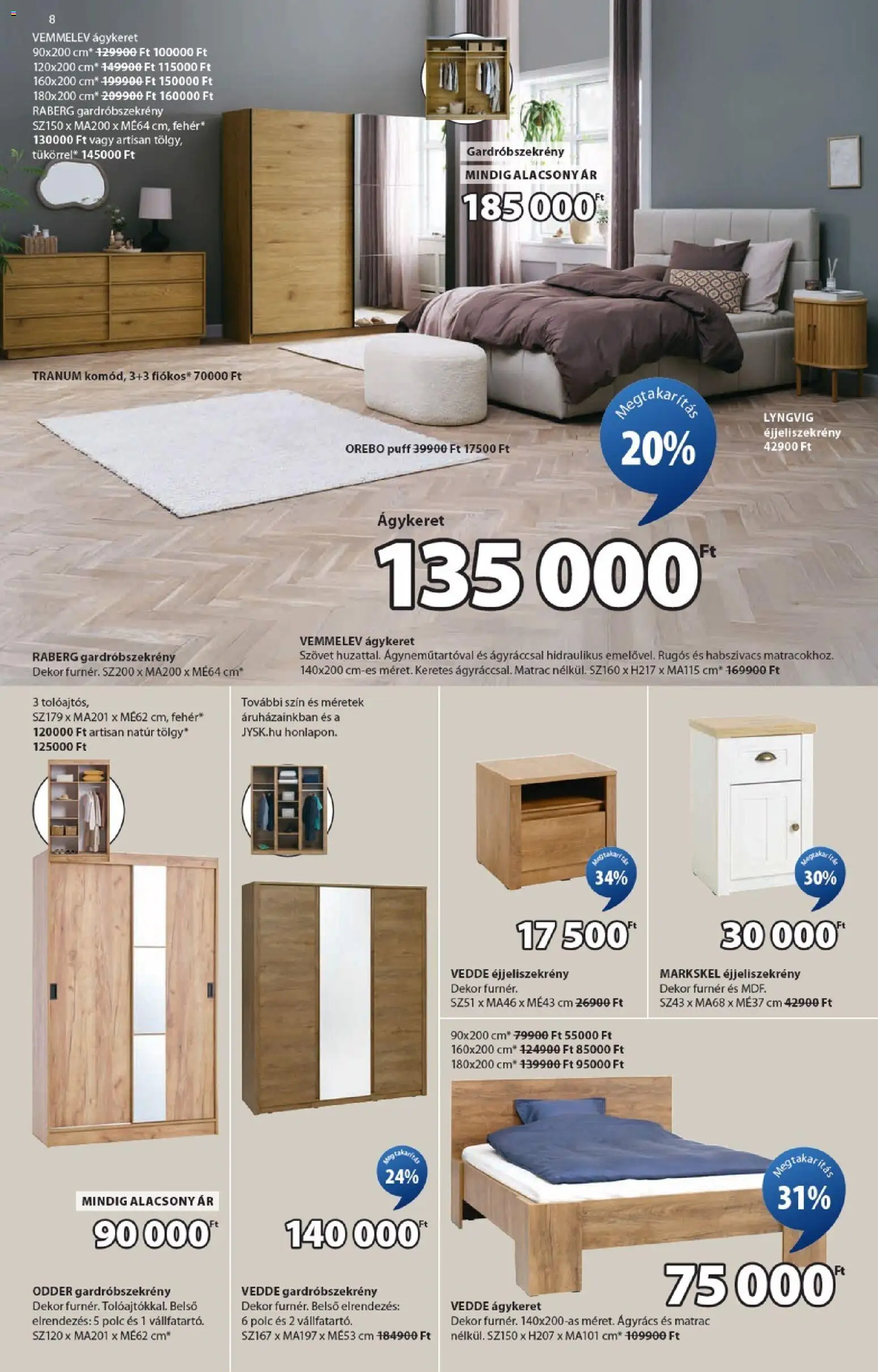 JYSK akciós ujság - amely érvényes a következő dátumtól: 11.03.2026 | Oldal: 8 | Termékek: Éjjeliszekrény, Polc, Puff, Gardróbszekrény