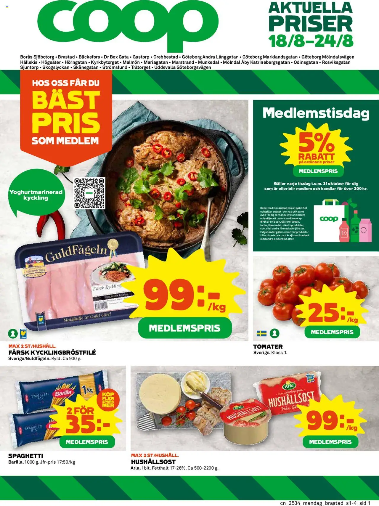 Coop reklamblad aktuell från 18.08.2025 | Sida: 1 | Produkter: Galler, Hushållsost, Tomater, Spaghetti