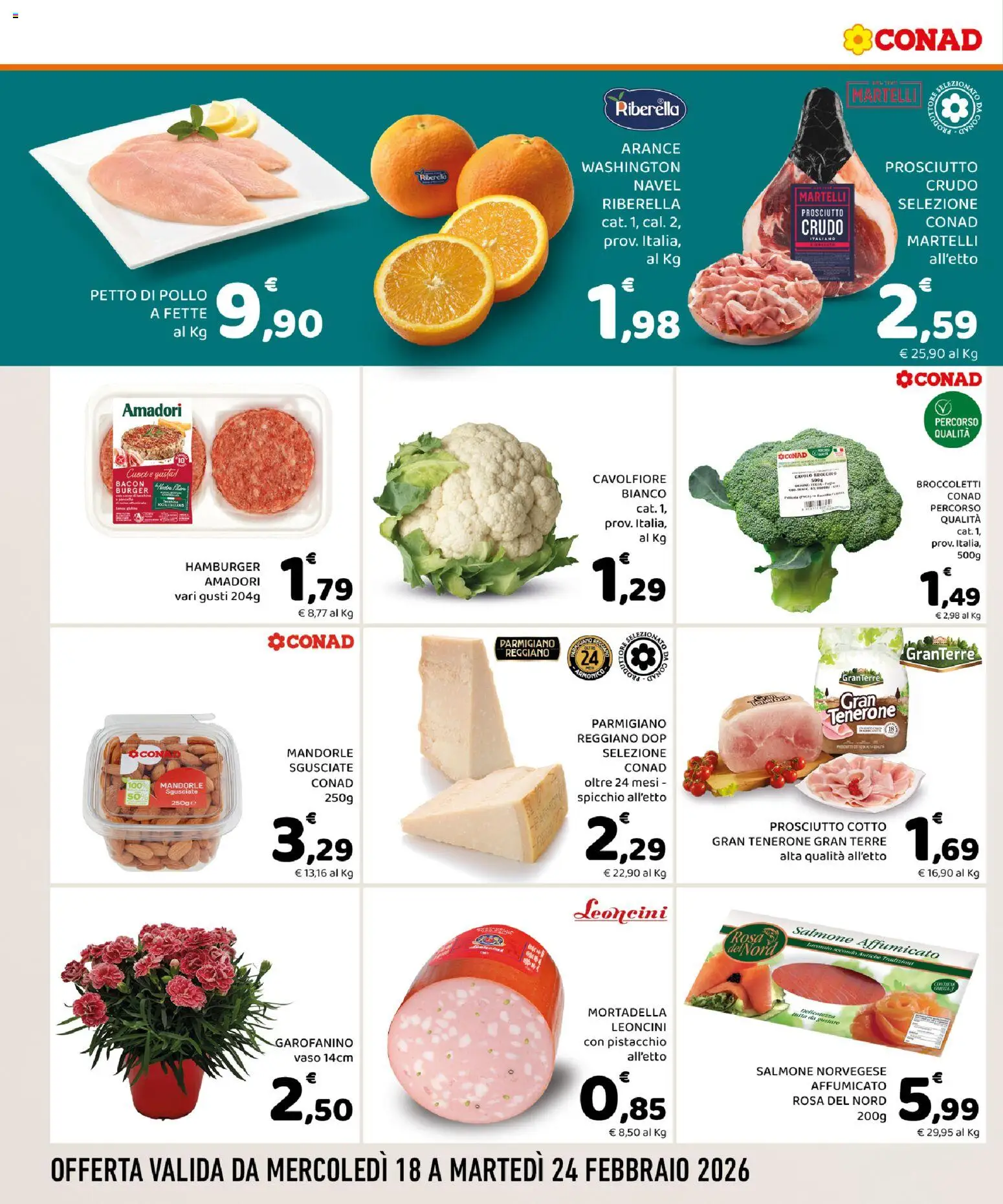 Volantino Conad del 18.02.2026 | Pagina: 2 | Prodotti: Salmone, Prosciutto, Broccoletti, Hamburger