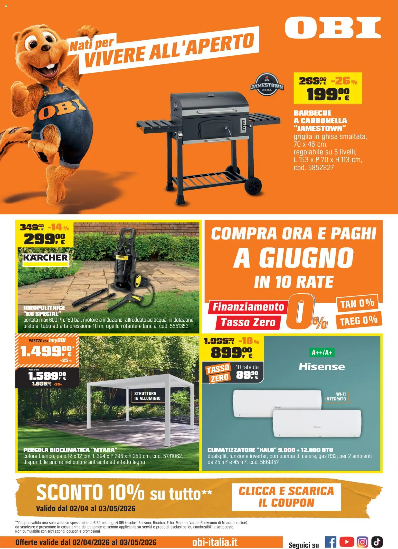 Volantino OBI del 02.04.2026 | Pagina: 1 | Prodotti: Barbecue, Tubo, Pergola, Alluminio