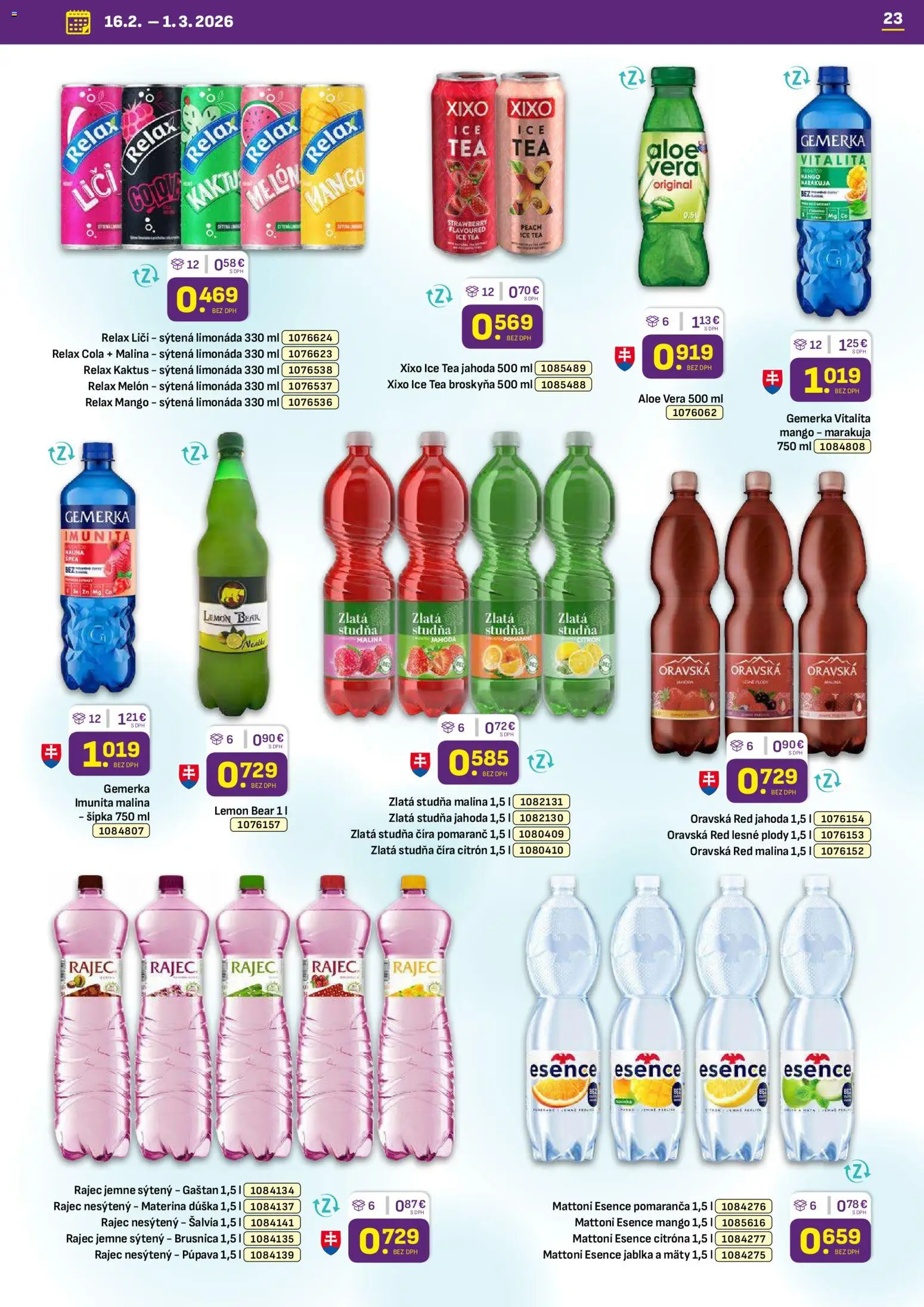 Nové Libex akcie – leták je platný od 16.02.2026 | Strana: 23 | Produkty: Liči, Jablká, Rajec, Gemerka