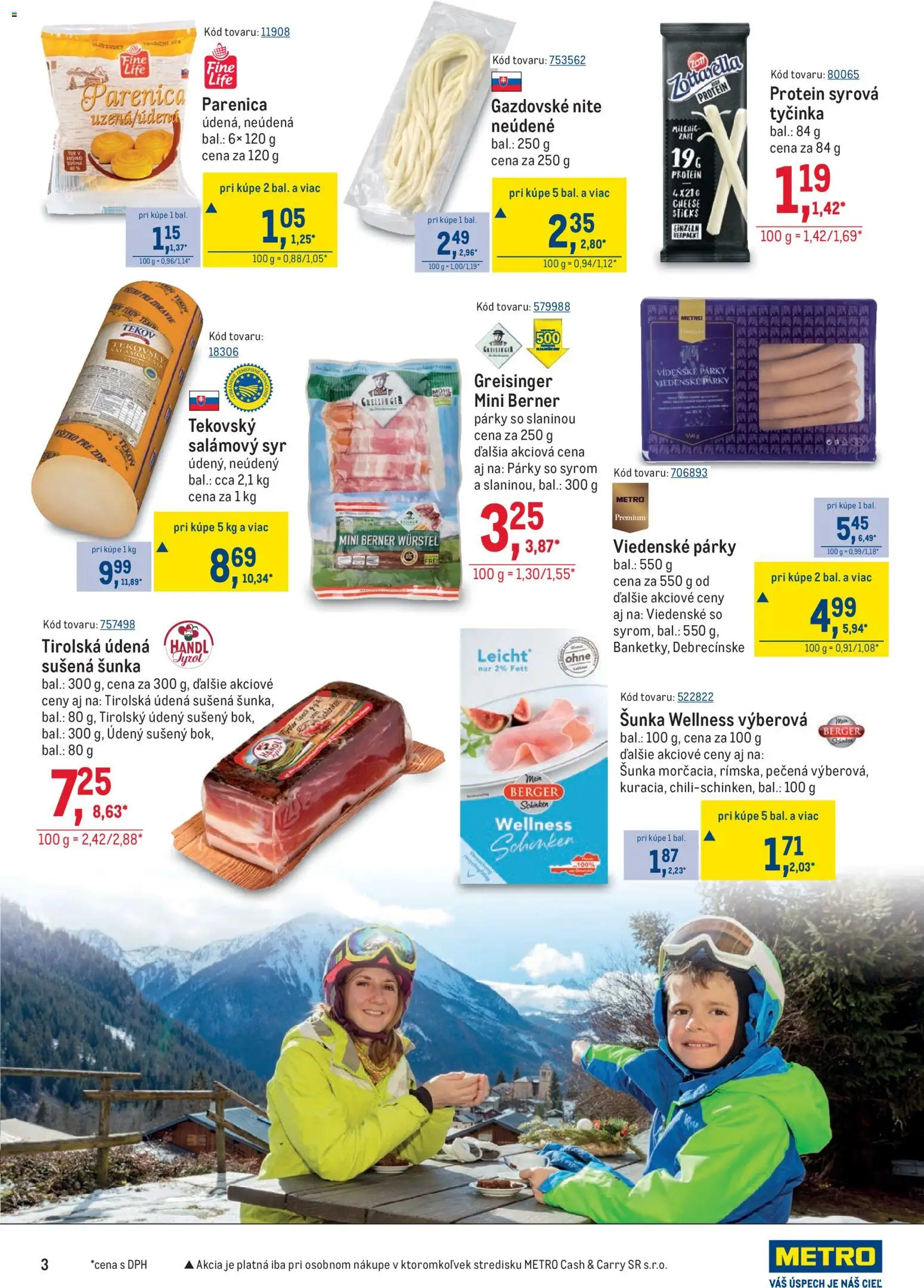 Nové Metro akcie – leták je platný od 28.01.2026 | Strana: 3 | Produkty: Syr, Šunka, Protein, Párky