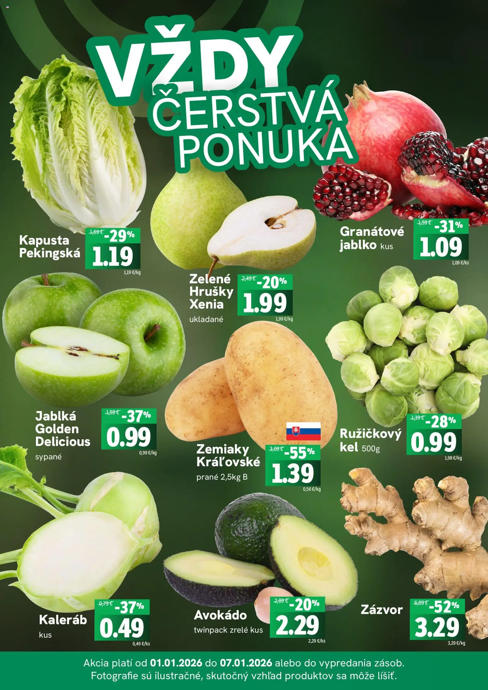 Nové Fresh akcie – leták je platný od 01.01.2026 | Strana: 3 | Produkty: Kapusta, Zázvor, Jablká, Zemiaky