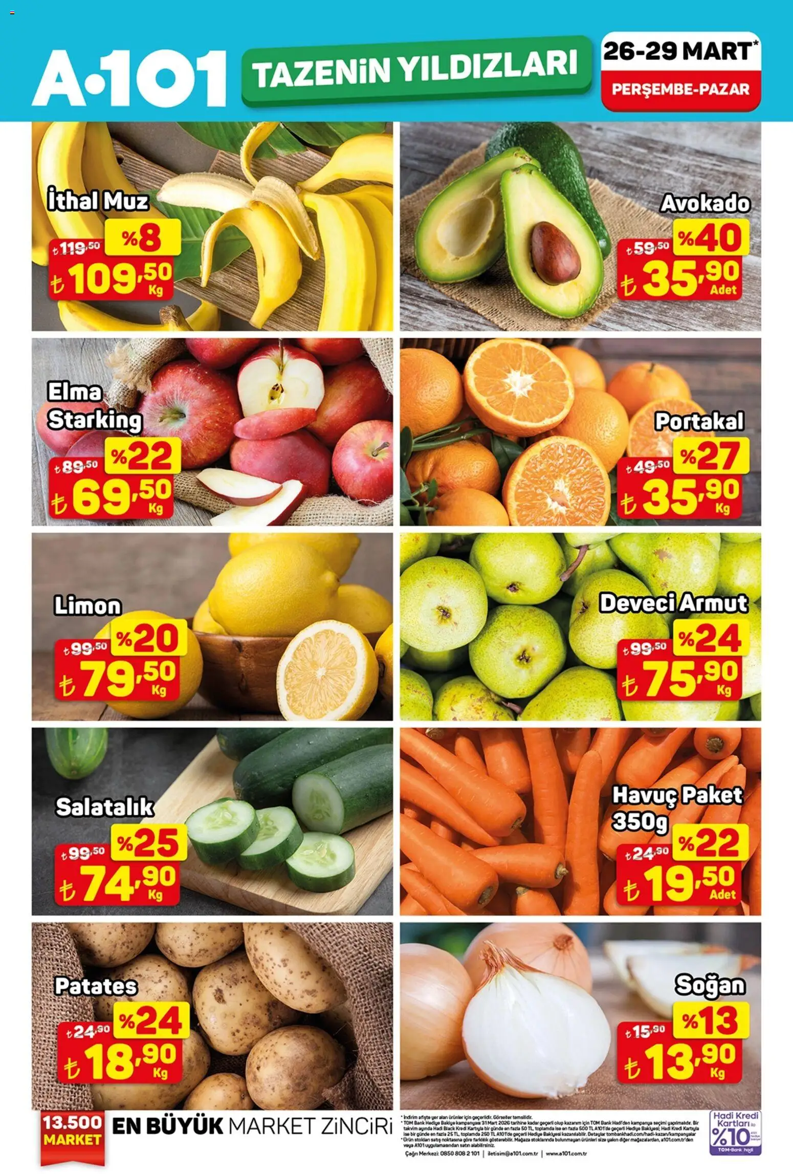 A101 - Tazenin Yıldızları - 26.03.2026 tarihinden itibaren geçerlidir | Sayfa: 1 | Ürünler: Muz, Salatalık, Soğan, Armut